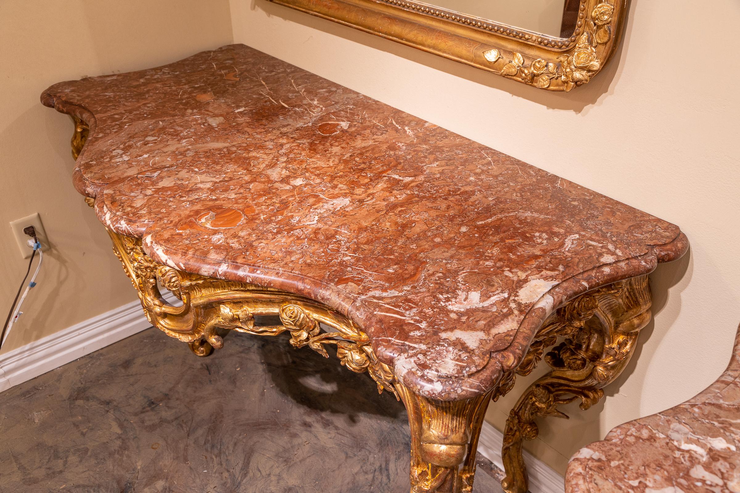 Fine Pair of 19th Century Italian Louis XV Carved and Gilt Marble Top Consoles For Sale 4