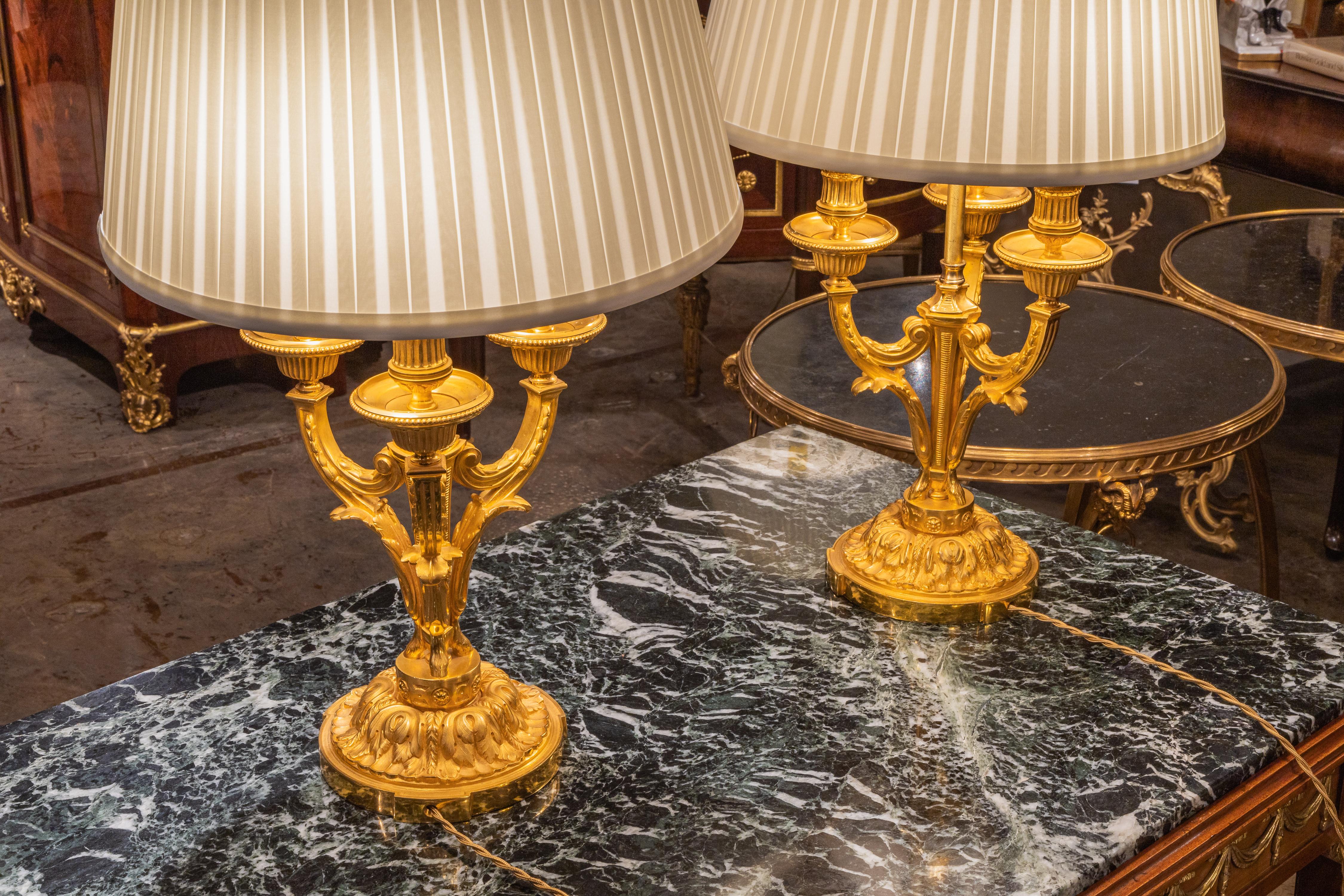 A fine pair of 19th century Louis XVI gilt bronze candelabrum lamps  In Good Condition For Sale In Dallas, TX
