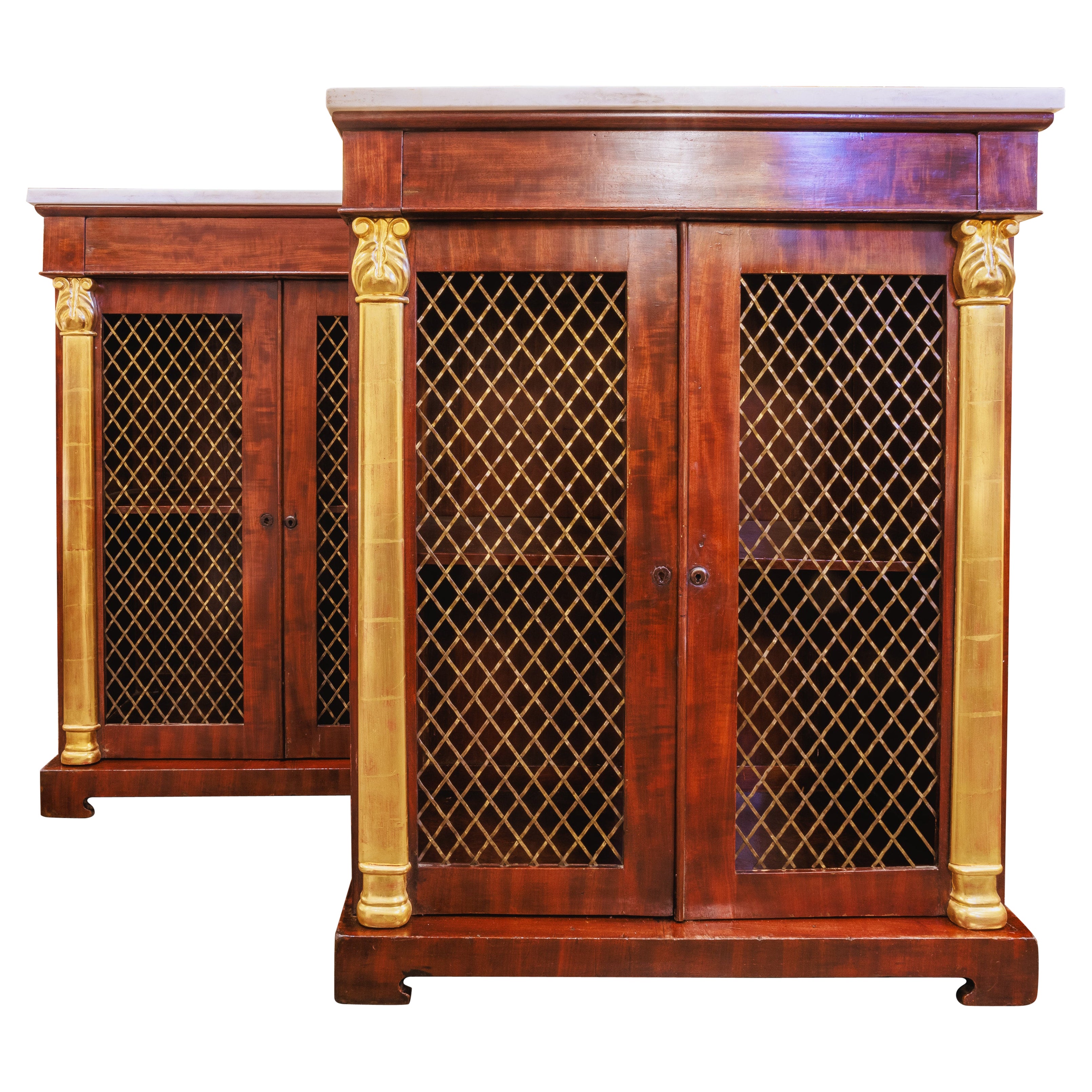 A fine pair of 19th century Regency mahogany and parcel gilt bookcases. For Sale