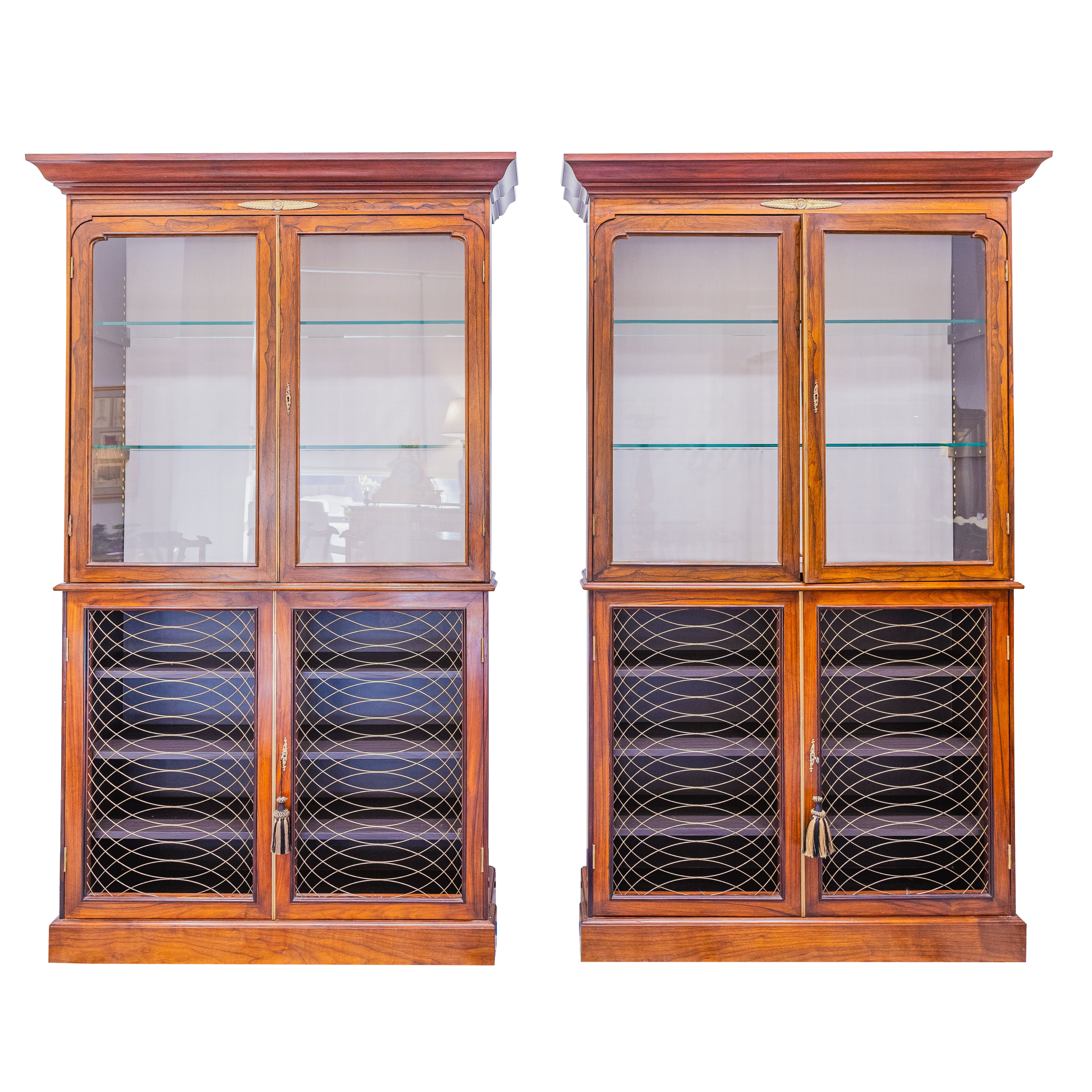 A fine pair of 19th century Regency rosewood and gilt bronze mounted bookcases For Sale