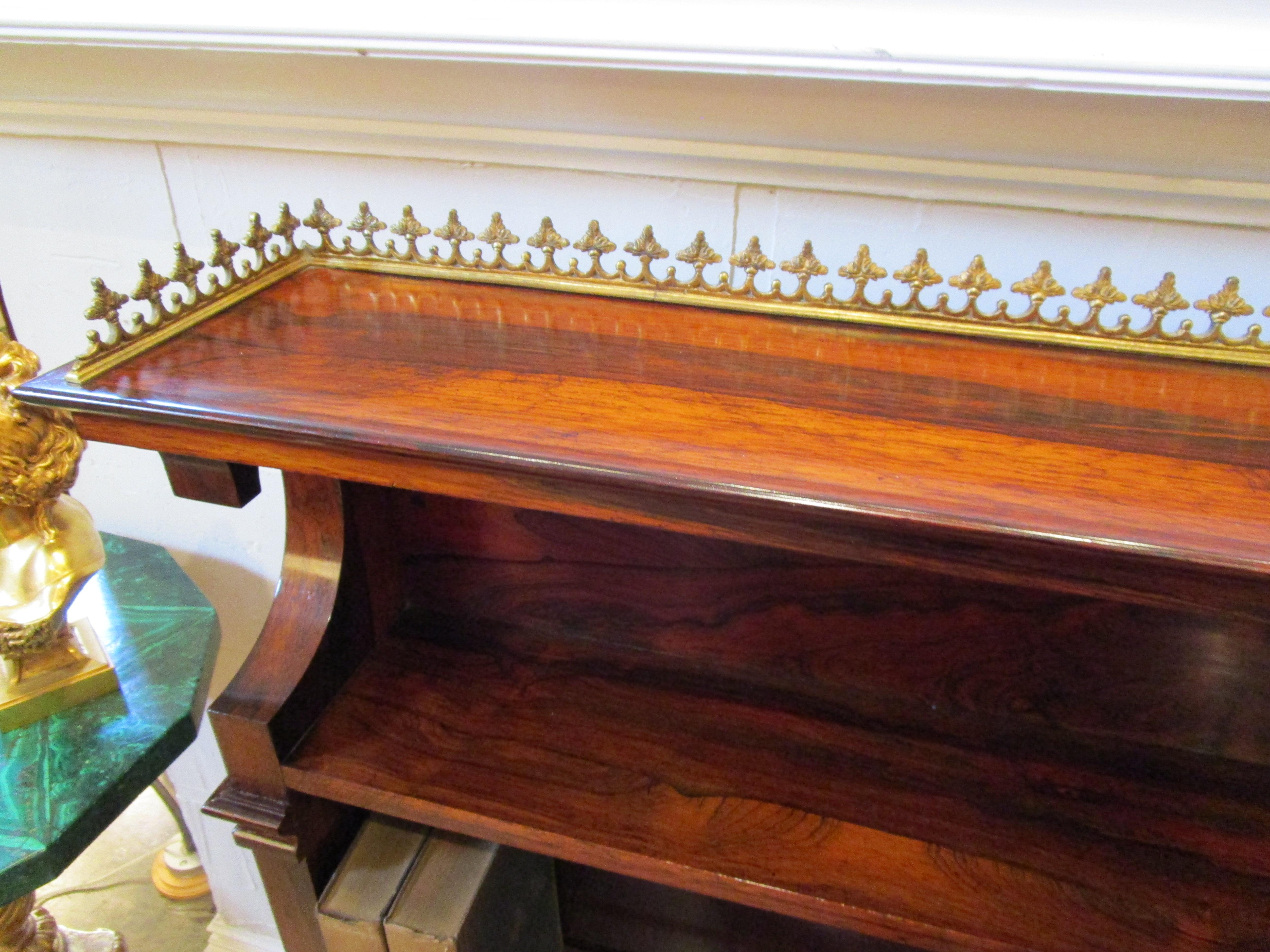 English Fine Pair of 19th Century Regency Rosewood Bookcases with Gilt Brass Railings