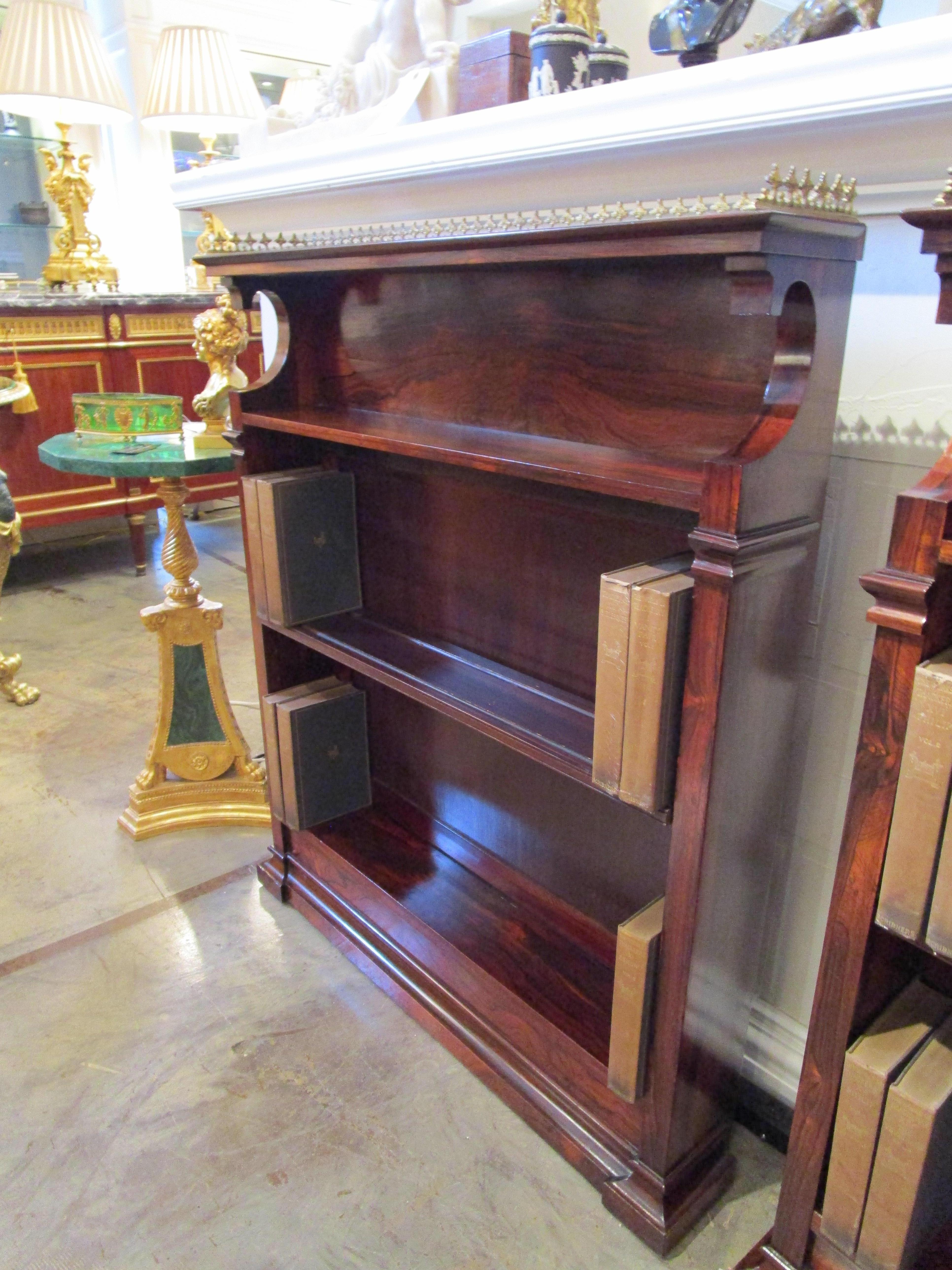 Fine Pair of 19th Century Regency Rosewood Bookcases with Gilt Brass Railings 2
