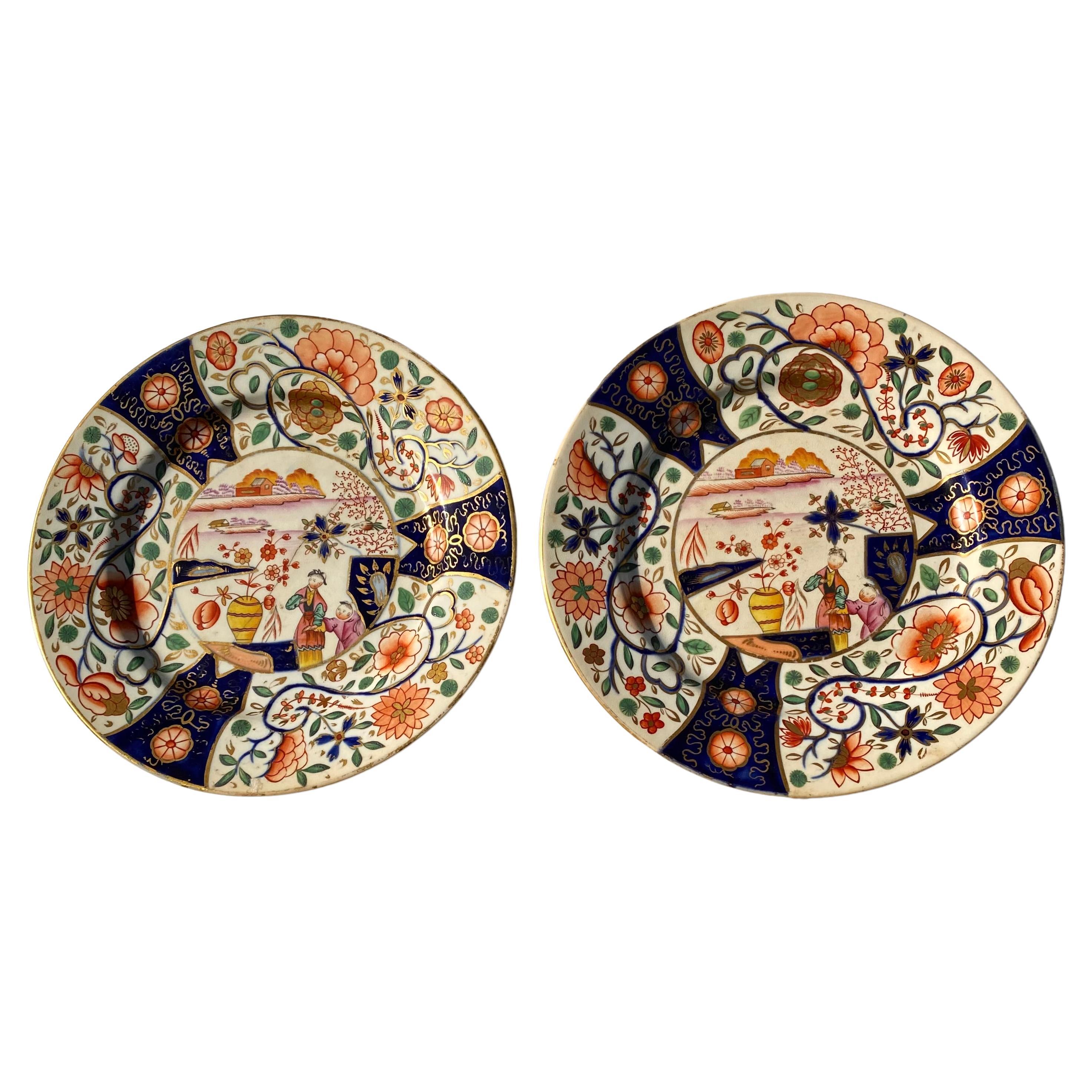 Pareja De Antiguos Platos Redondos Ingleses Chamberlains Worcester Circa 1810 en venta