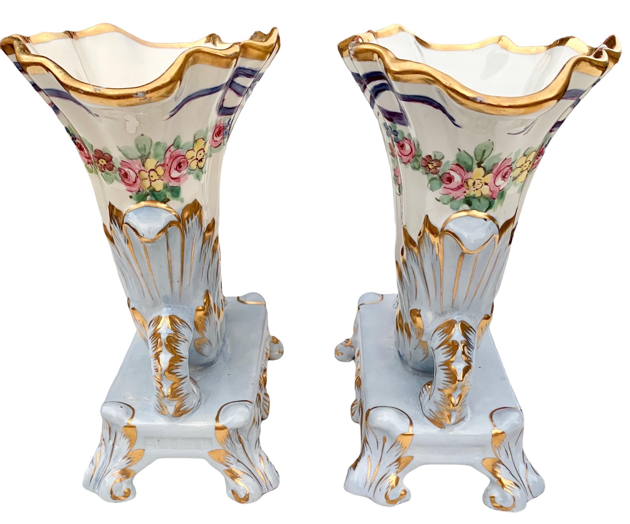 Belle Époque Fine Pair of Antique French Limoges Cornucopia Vases