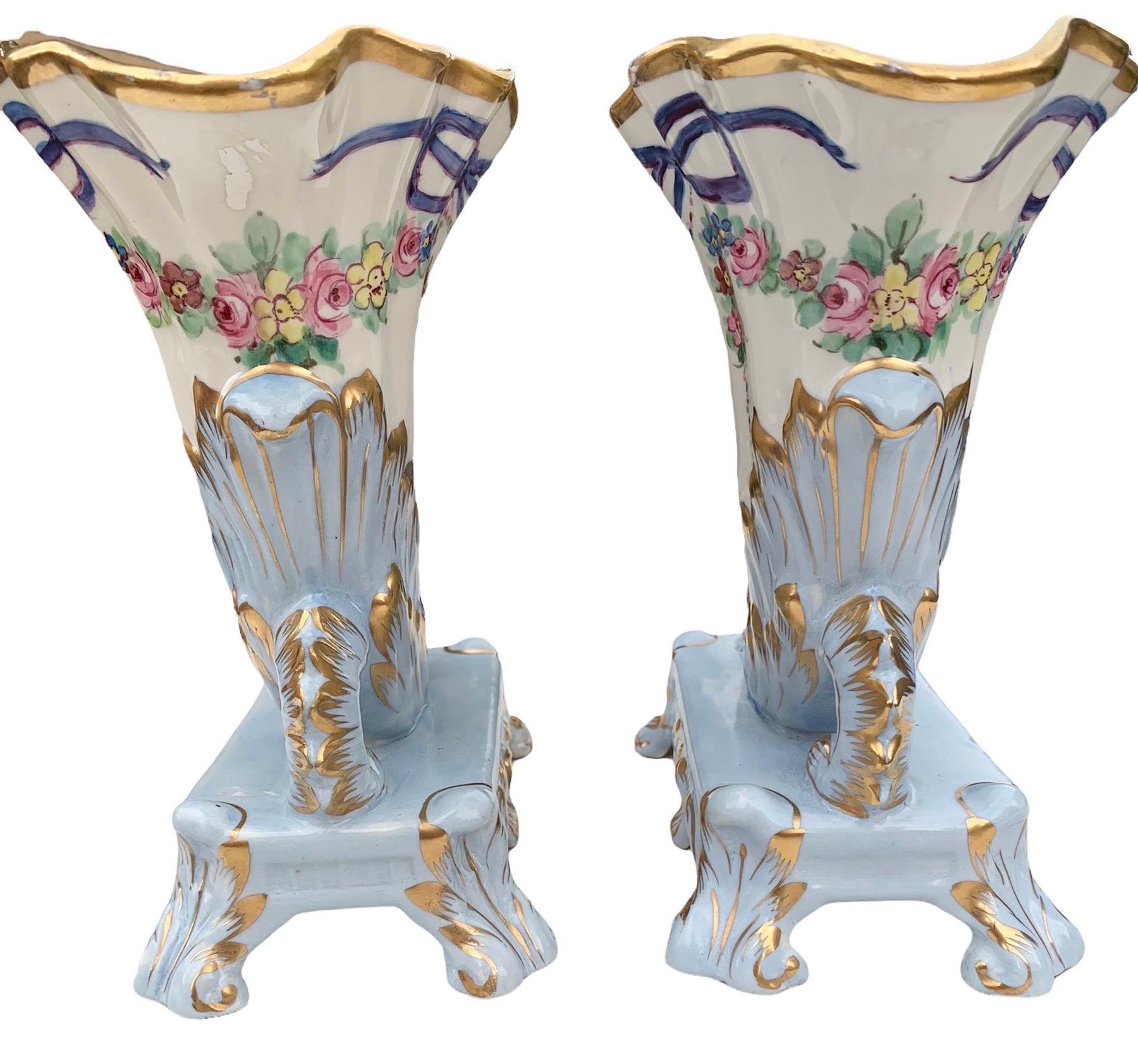 Fine Pair of Antique French Limoges Cornucopia Vases 1