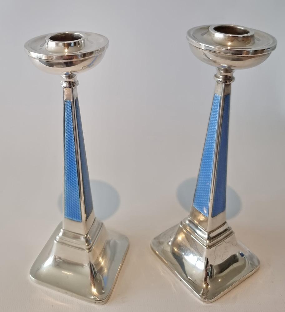 English Fine Pair of Art Deco Silver and Blue Guilloche Enamel Candlesticks For Sale