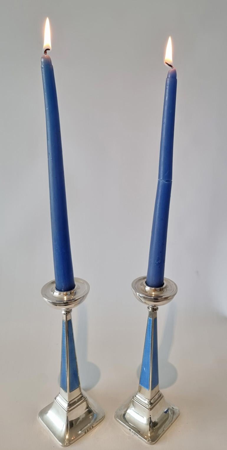 Early 20th Century Fine Pair of Art Deco Silver and Blue Guilloche Enamel Candlesticks For Sale