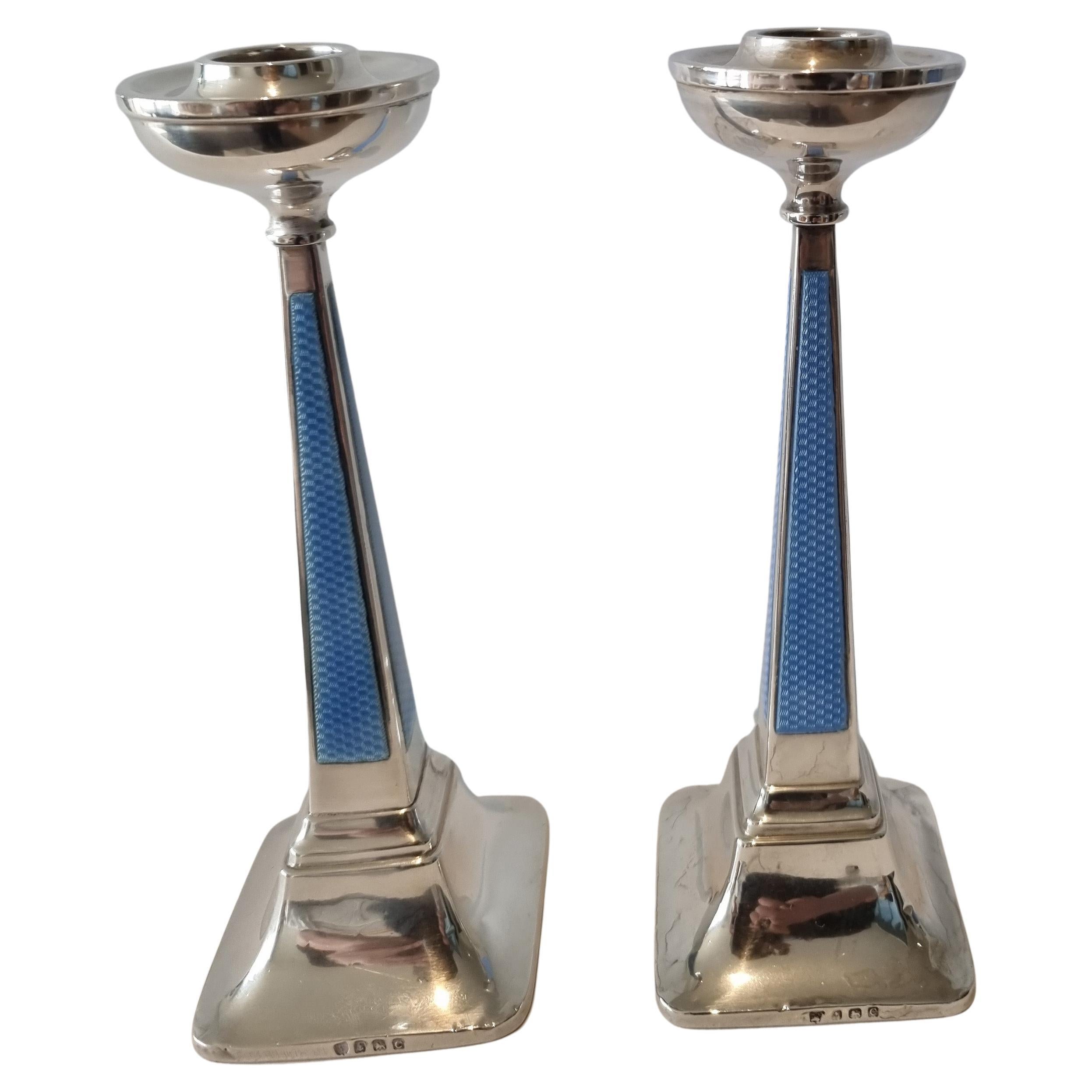 Fine Pair of Art Deco Silver and Blue Guilloche Enamel Candlesticks For Sale