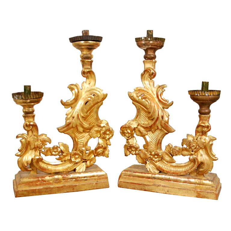 A Fine Pair of Baroque Giltwood Two Arm Altar Sticks For Sale