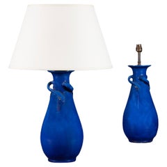 Belle paire de lampes à glaçure bleue pour Liberty & Co