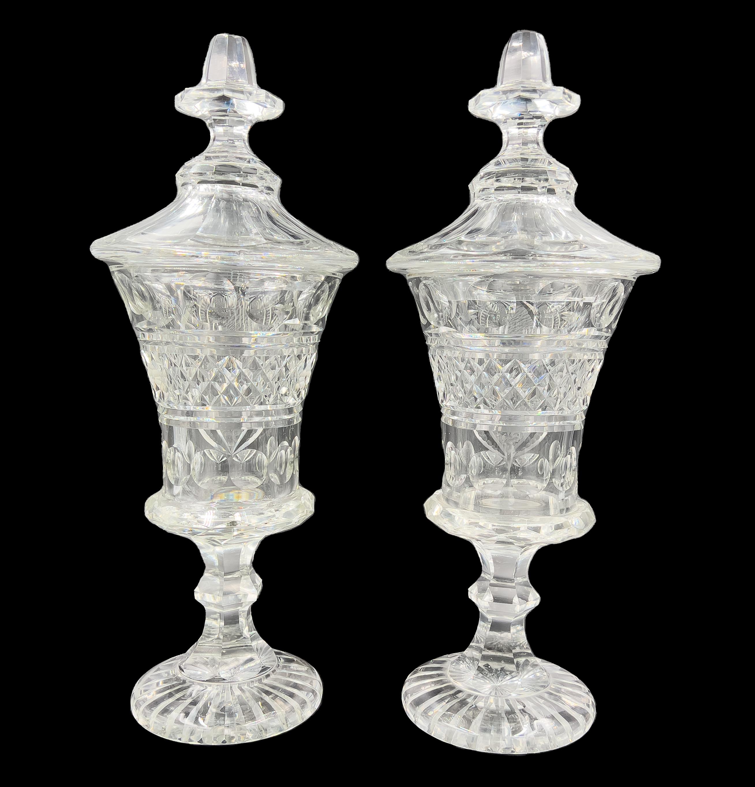 Czech Fine Pair of Bohemian Cut and Etched Lidded Glass Vases, Late 19th/Early 20th  For Sale
