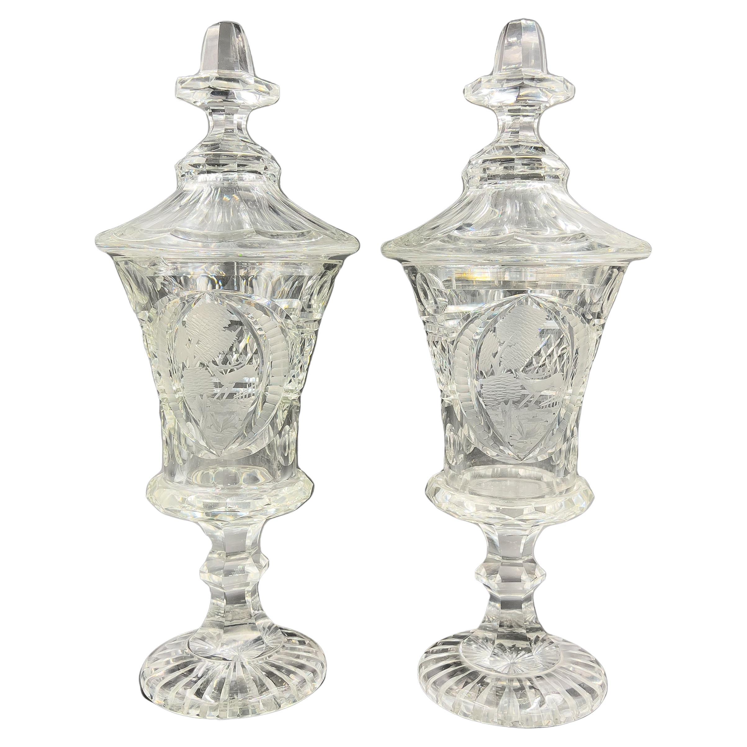 Fine Pair of Bohemian Cut and Etched Lidded Glass Vases, Late 19th/Early 20th 