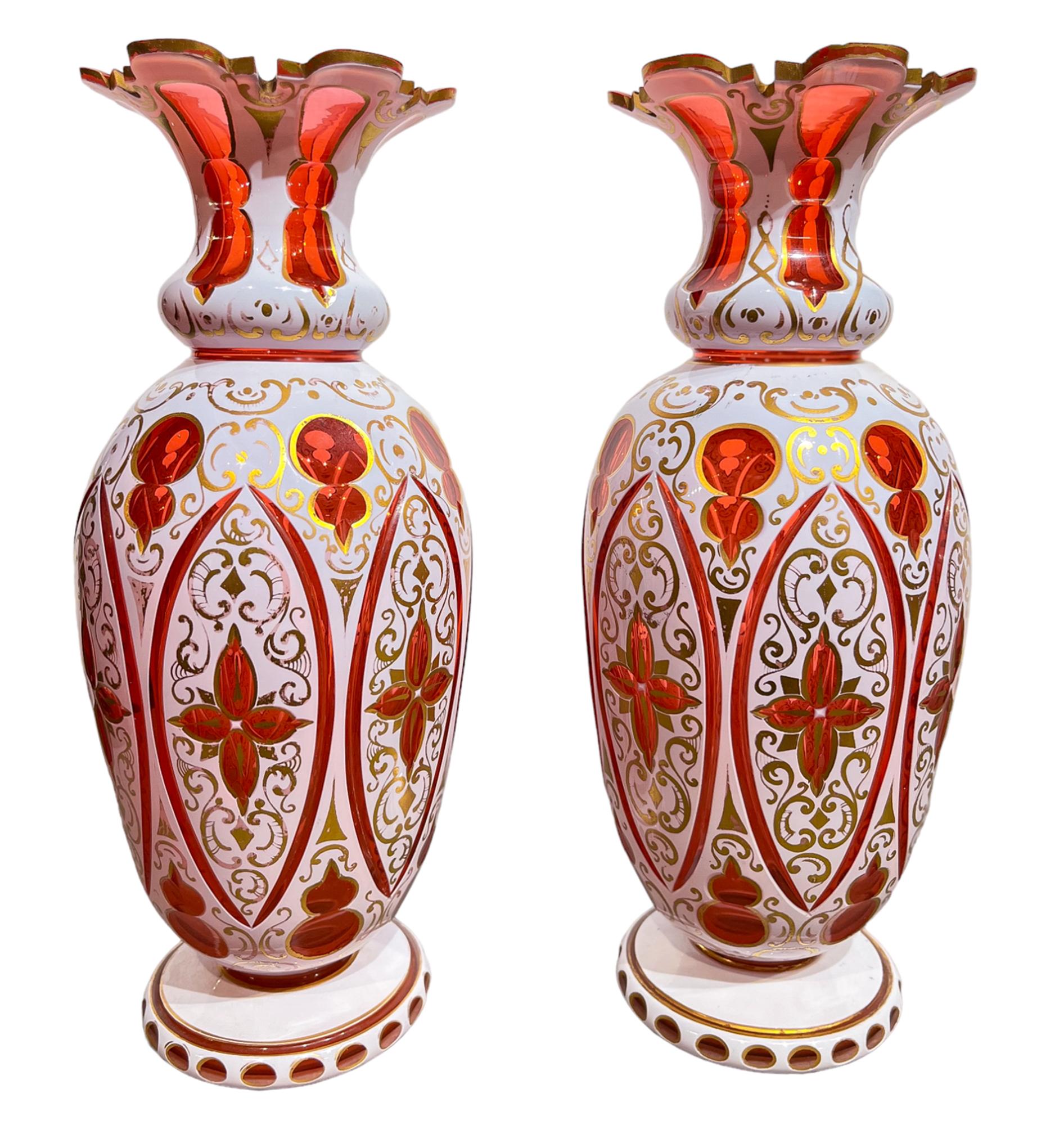 Czech A Fine Pair of Bohemian Overlay Glass Vases For Sale
