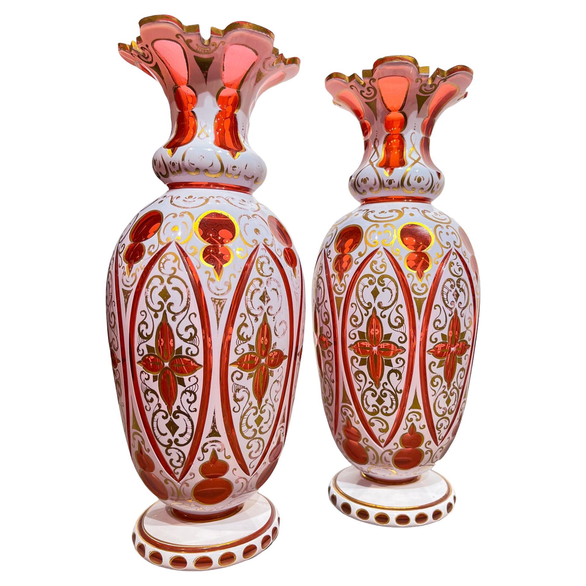 A Fine Pair of Bohemian Overlay Glass Vases For Sale