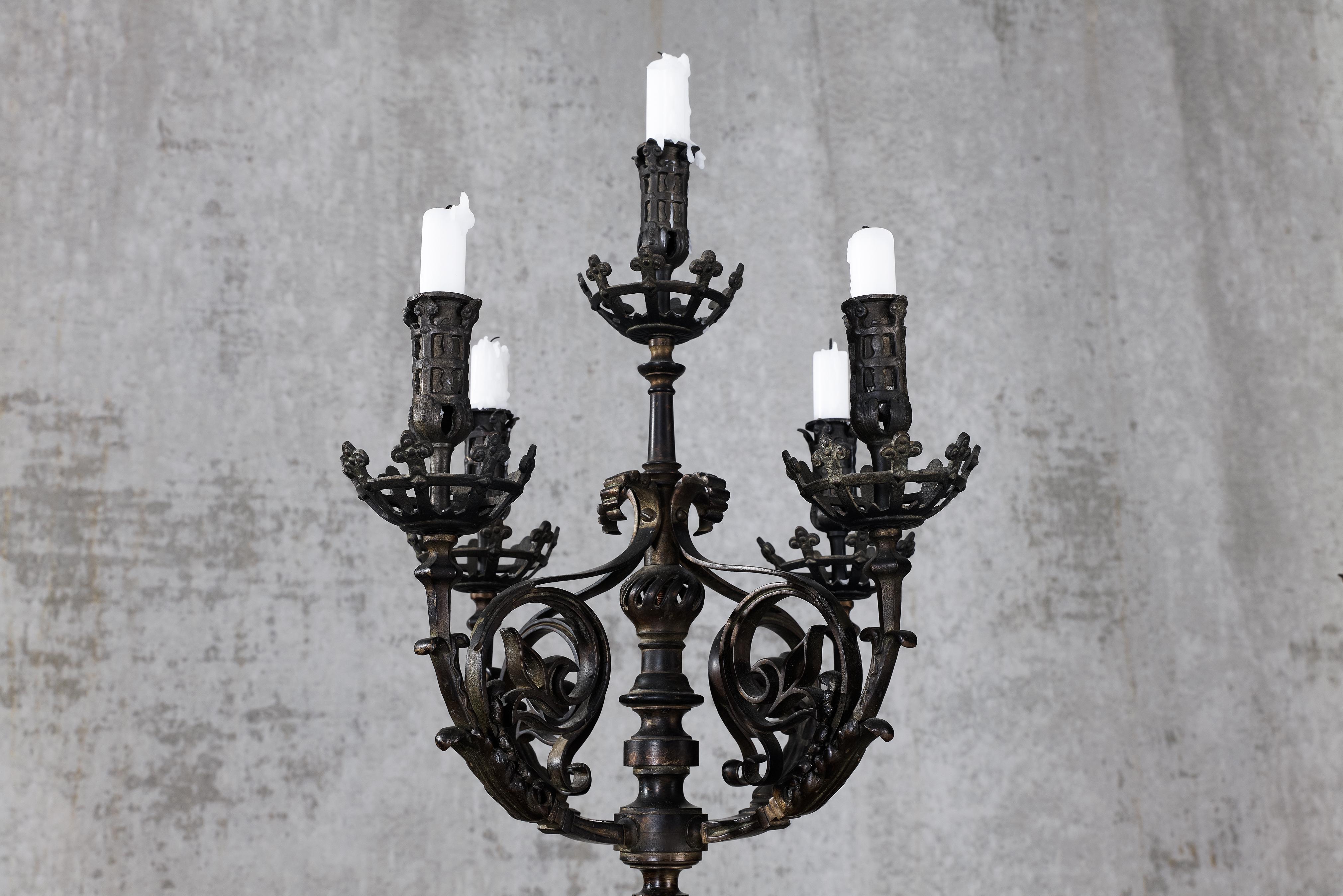 French A Fine Pair Of Bronze And Partly Iron Five-Light Candelabras  For Sale