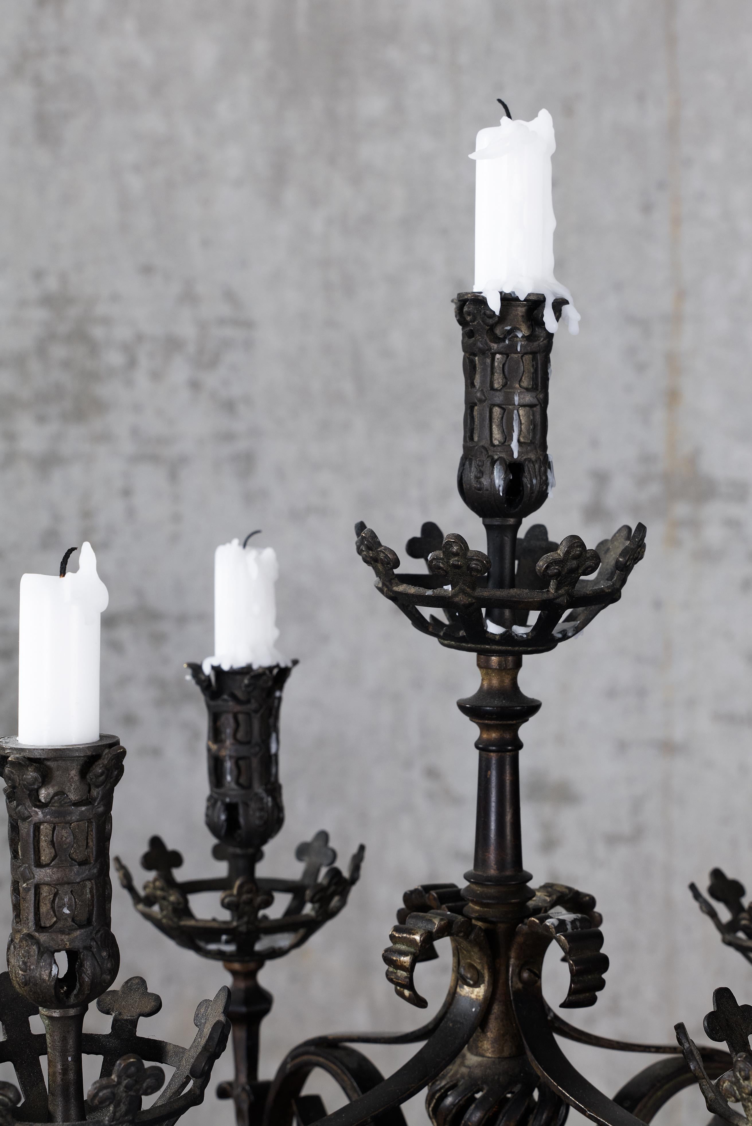 Forged A Fine Pair Of Bronze And Partly Iron Five-Light Candelabras  For Sale