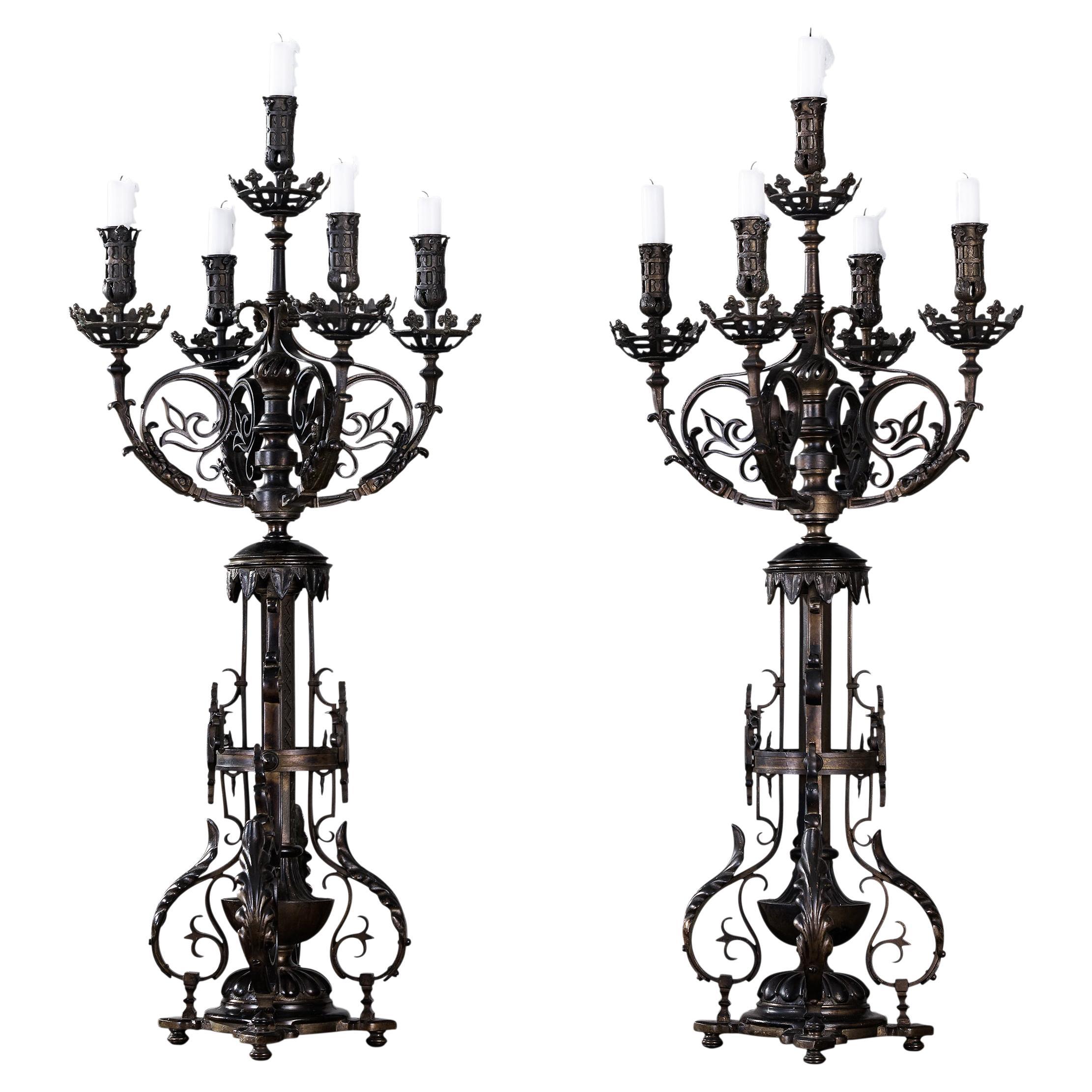 A Fine Pair Of Bronze And Partly Iron Five-Light Candelabras  For Sale