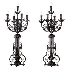 Antique A Fine Pair Of Bronze And Partly Iron Five-Light Candelabras 