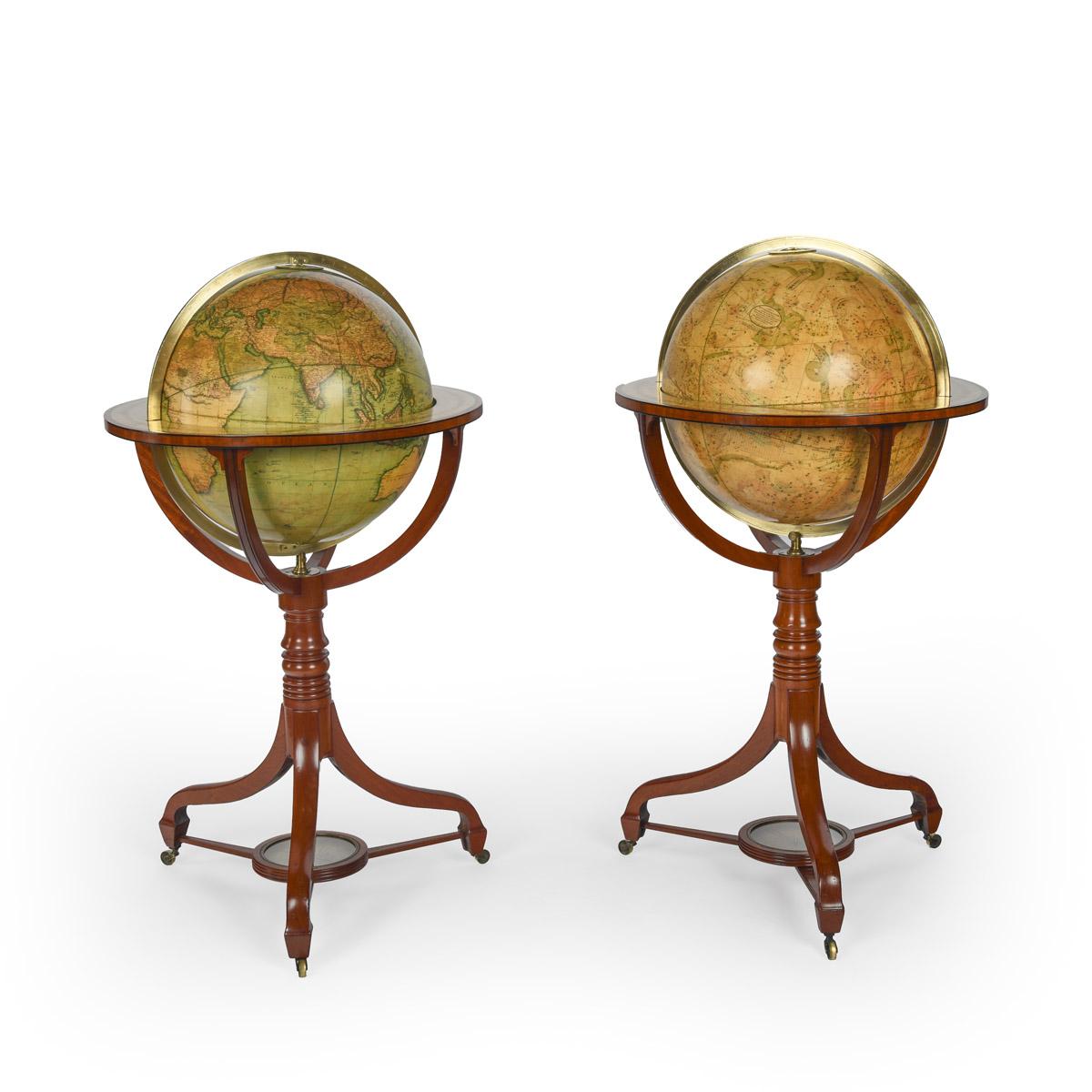 Of  American Interest-A Fine Pair of Cary Globes, Retailed by Kirk and Mercein of New York c.1816-1820 

The globes of celestial and terrestrial form with their original Cary of London gores. On the bottom of the Cary labels, an additional printed