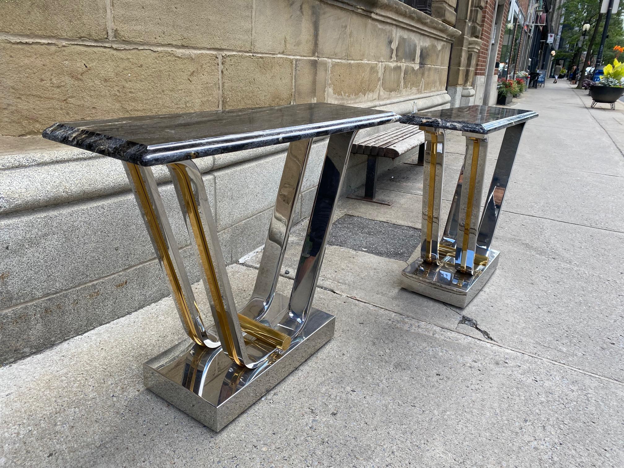 Fine Pair of Chromed Steel and Polished Brass Console Tables By Karl Springer For Sale 9
