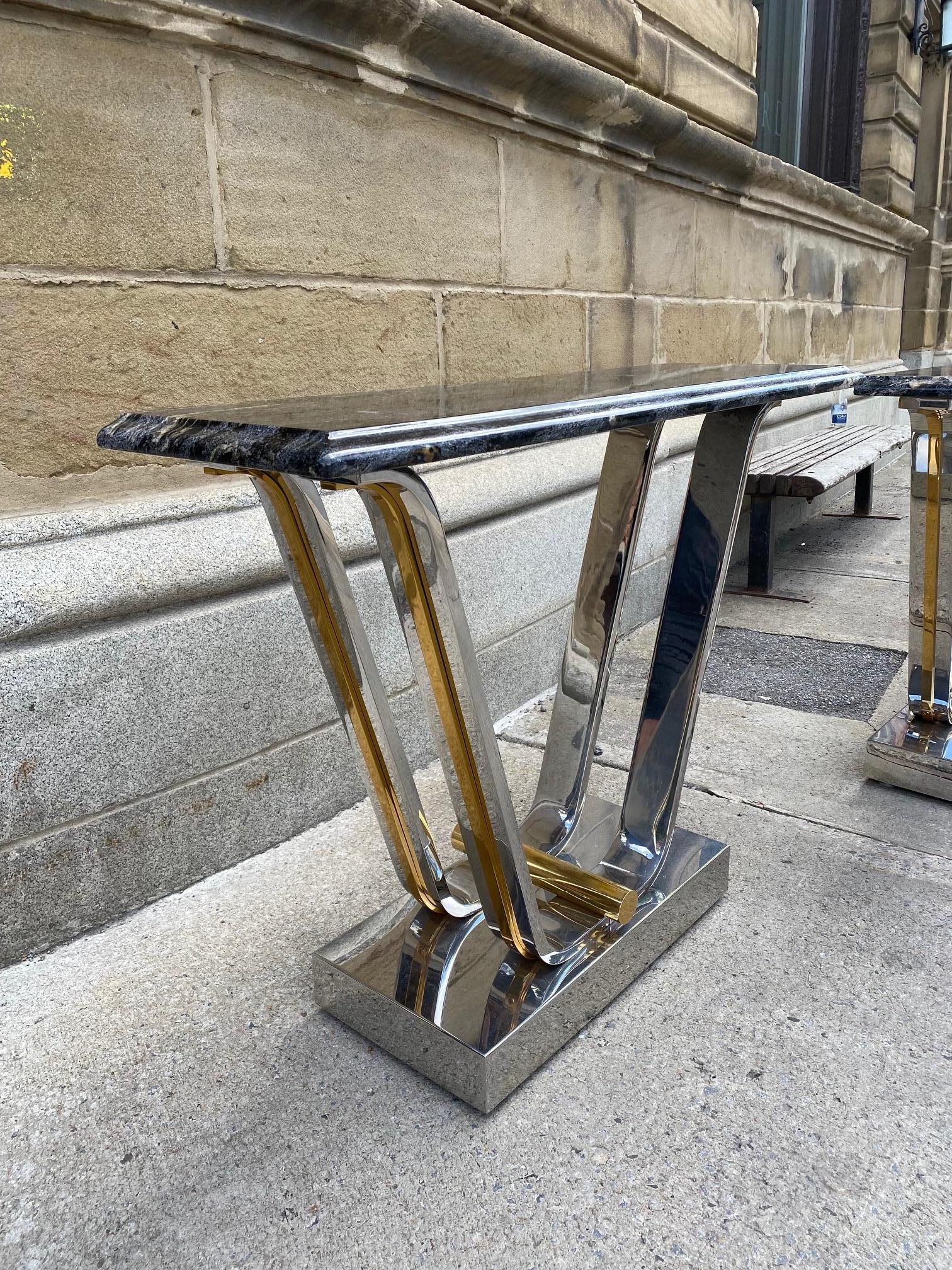 Fine Pair of Chromed Steel and Polished Brass Console Tables By Karl Springer For Sale 10