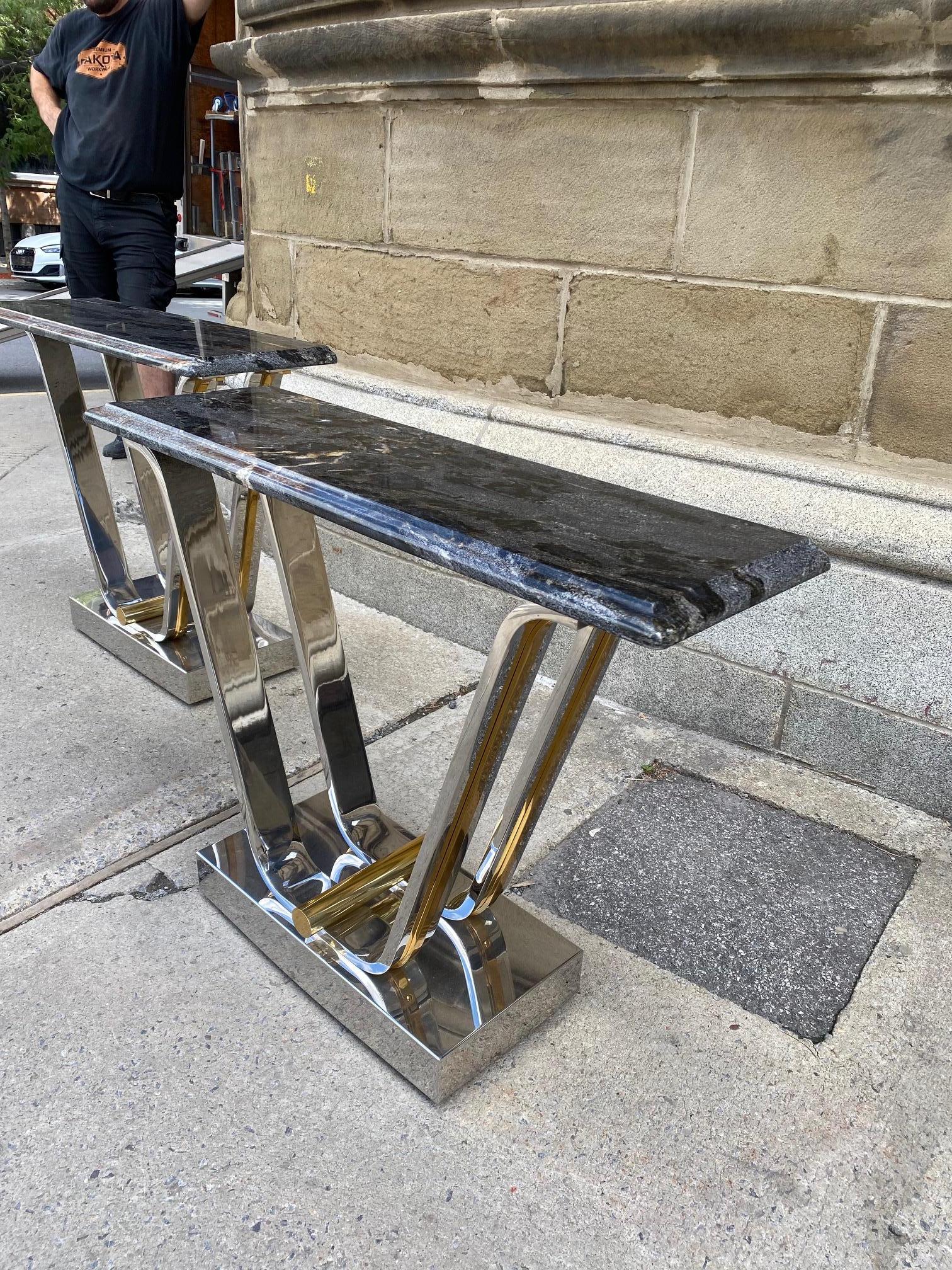 Fine Pair of Chromed Steel and Polished Brass Console Tables By Karl Springer For Sale 14