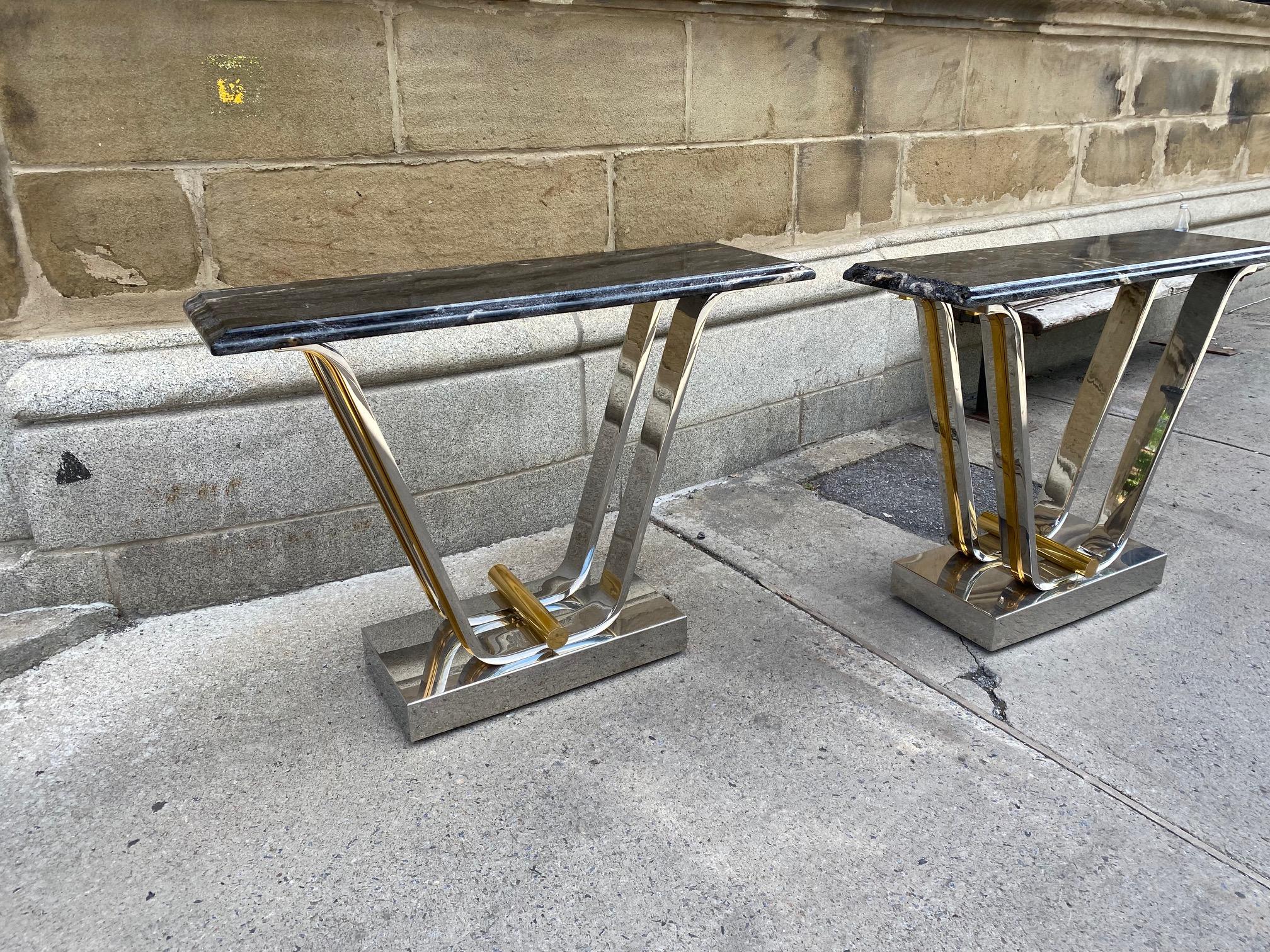 Mid-Century Modern Fine Pair of Chromed Steel and Polished Brass Console Tables By Karl Springer For Sale