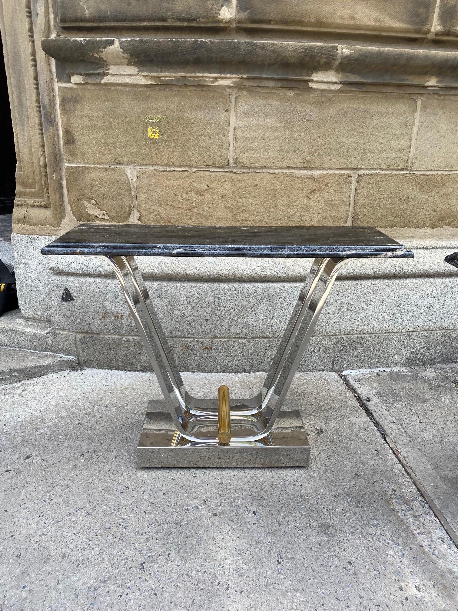 French Fine Pair of Chromed Steel and Polished Brass Console Tables By Karl Springer For Sale