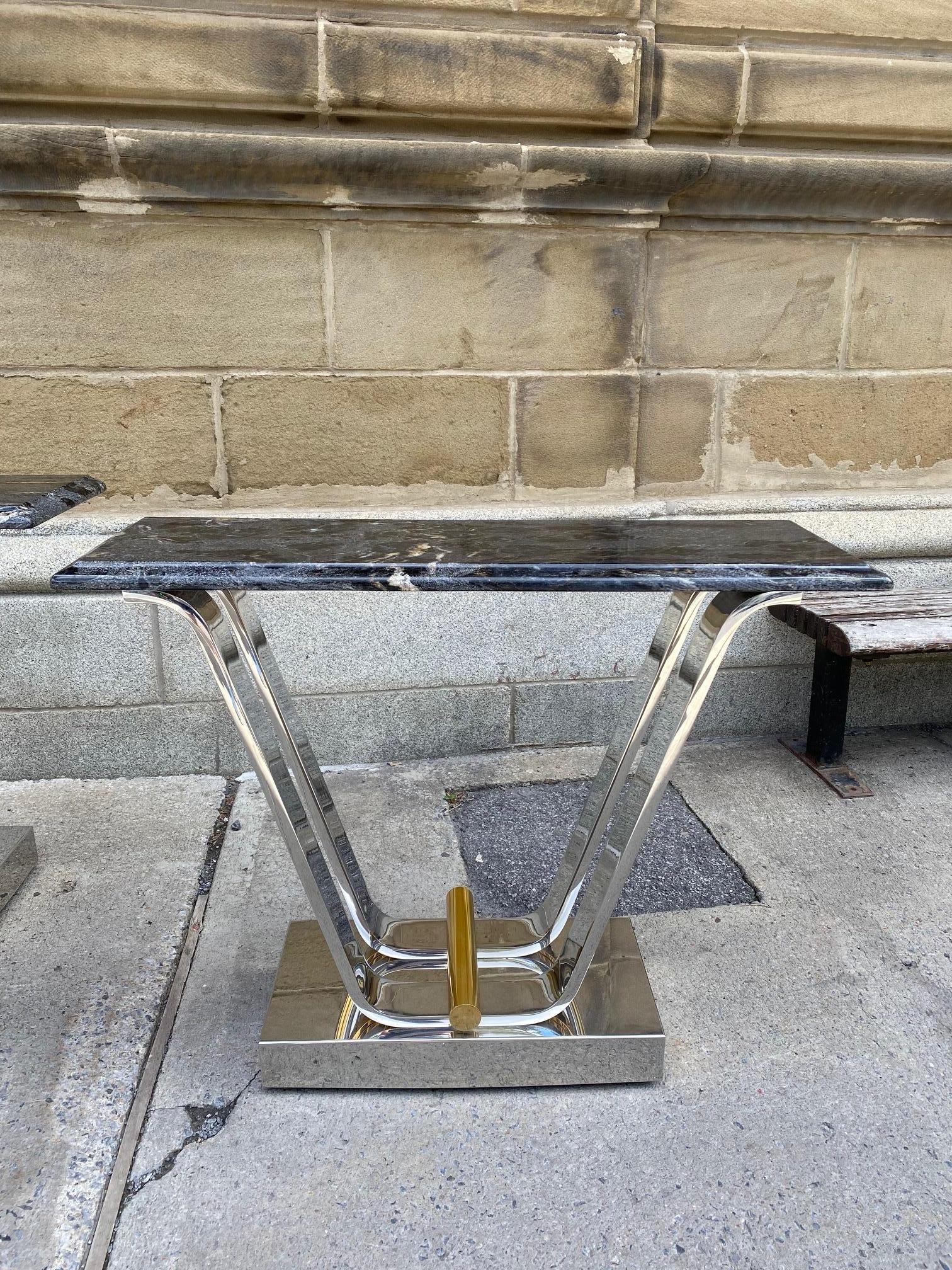 Fine Pair of Chromed Steel and Polished Brass Console Tables By Karl Springer In Good Condition For Sale In Montreal, QC
