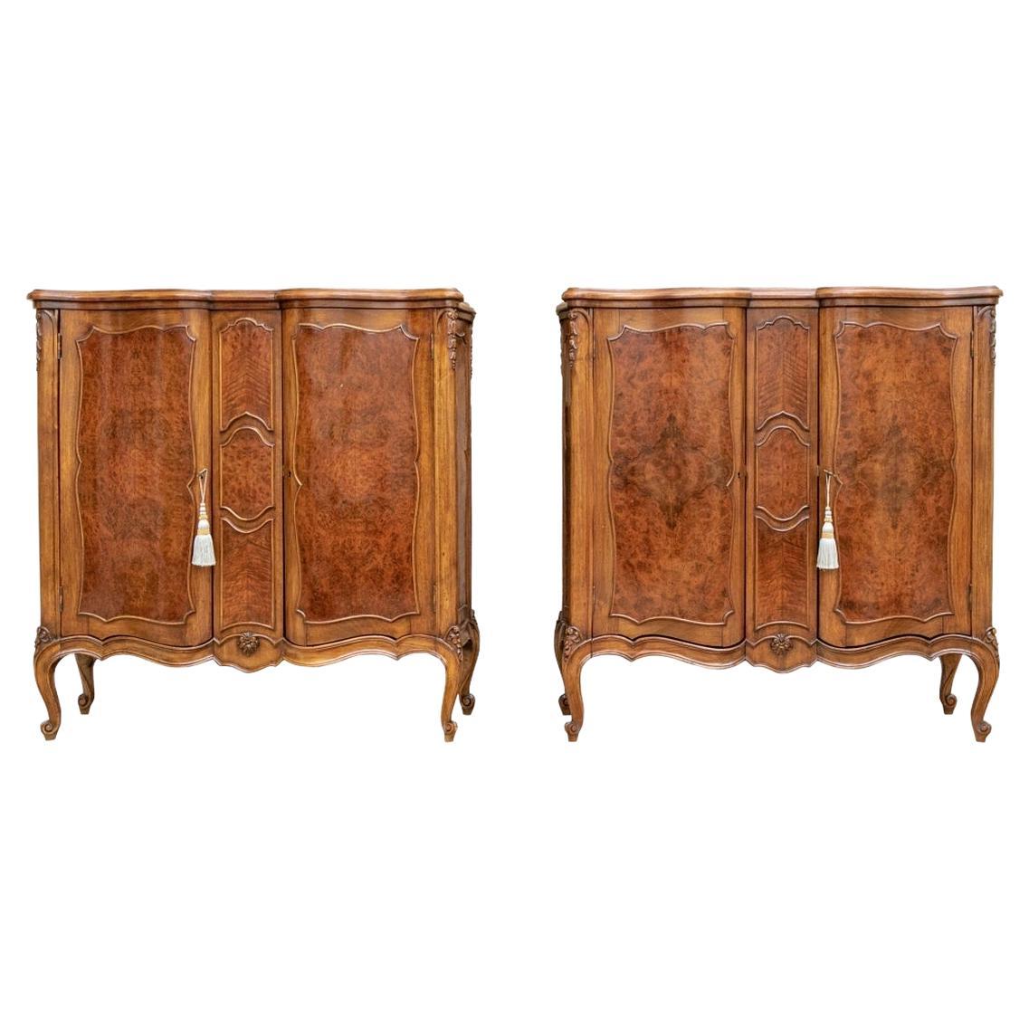 Fine Pair of Classic French Style Figured Wood Veneer Cabinets For Sale
