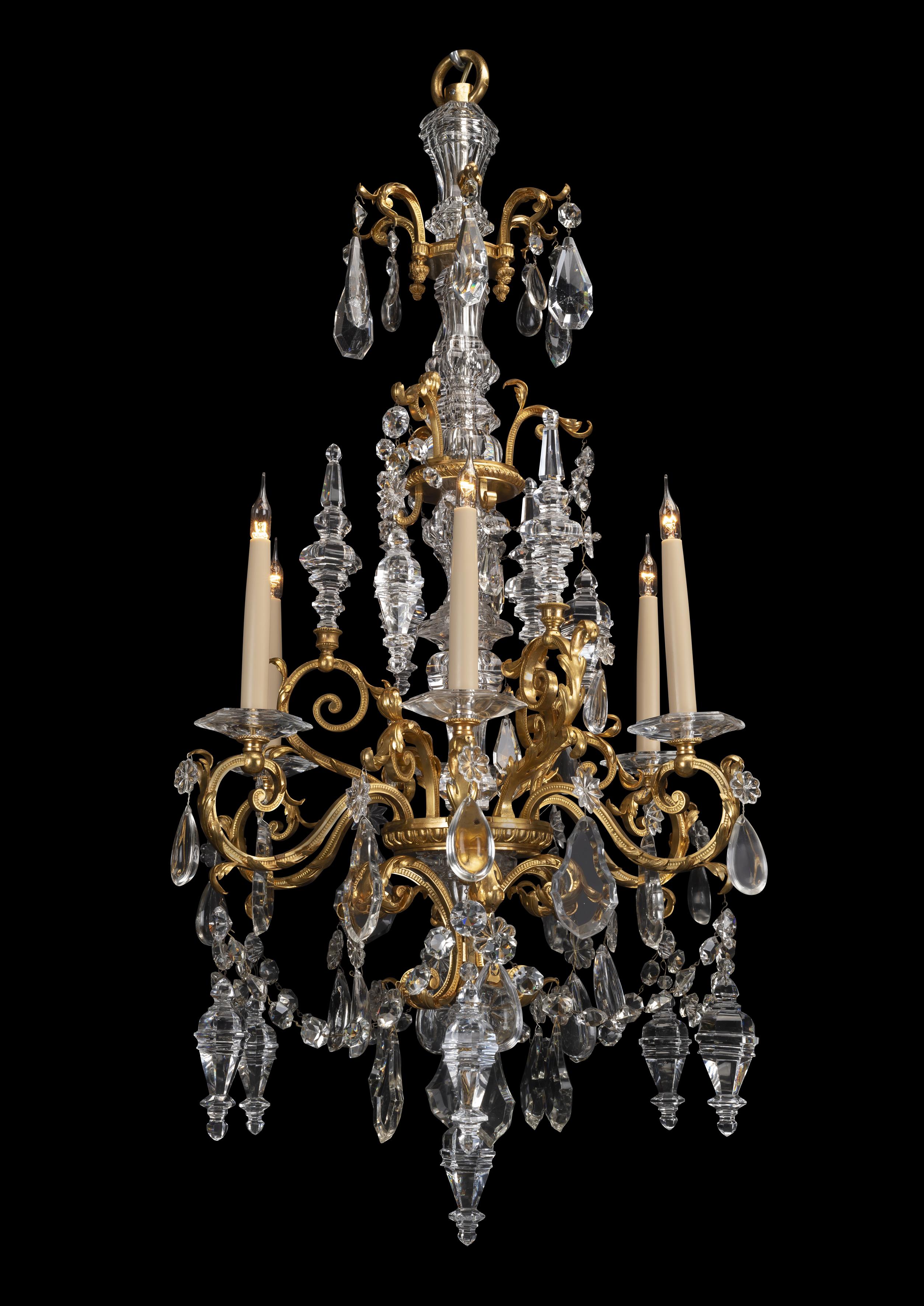 Fine Pair of Cut-Glass and Gilt-Bronze Six-Light Chandeliers, circa 1890 In Good Condition For Sale In Brighton, West Sussex