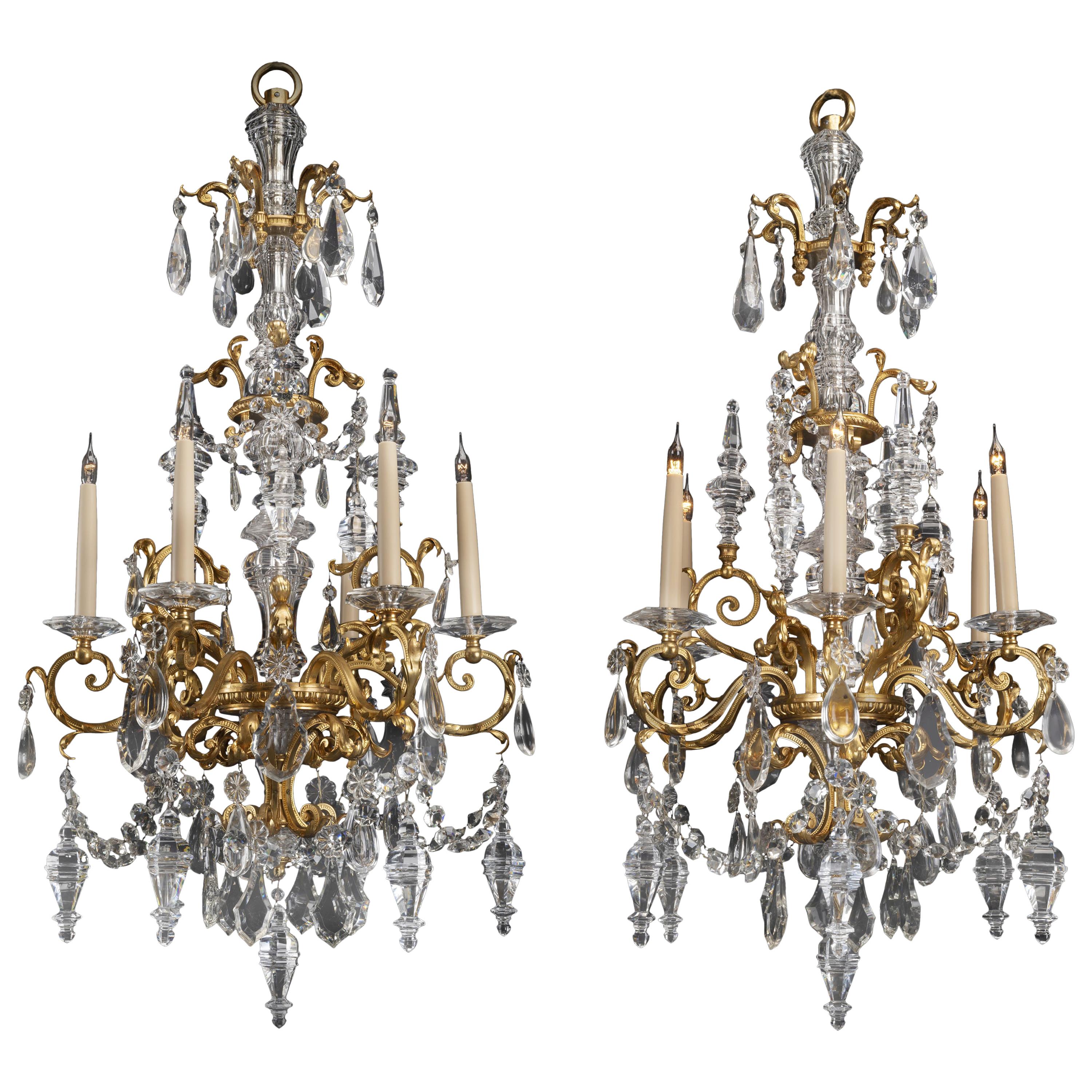 Fine Pair of Cut-Glass and Gilt-Bronze Six-Light Chandeliers, circa 1890 For Sale