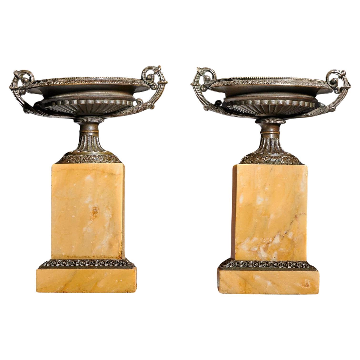 Paire de tazzas en bronze et en marbre de Sienne du début du XIXe siècle, datant du Grand Tour de France
