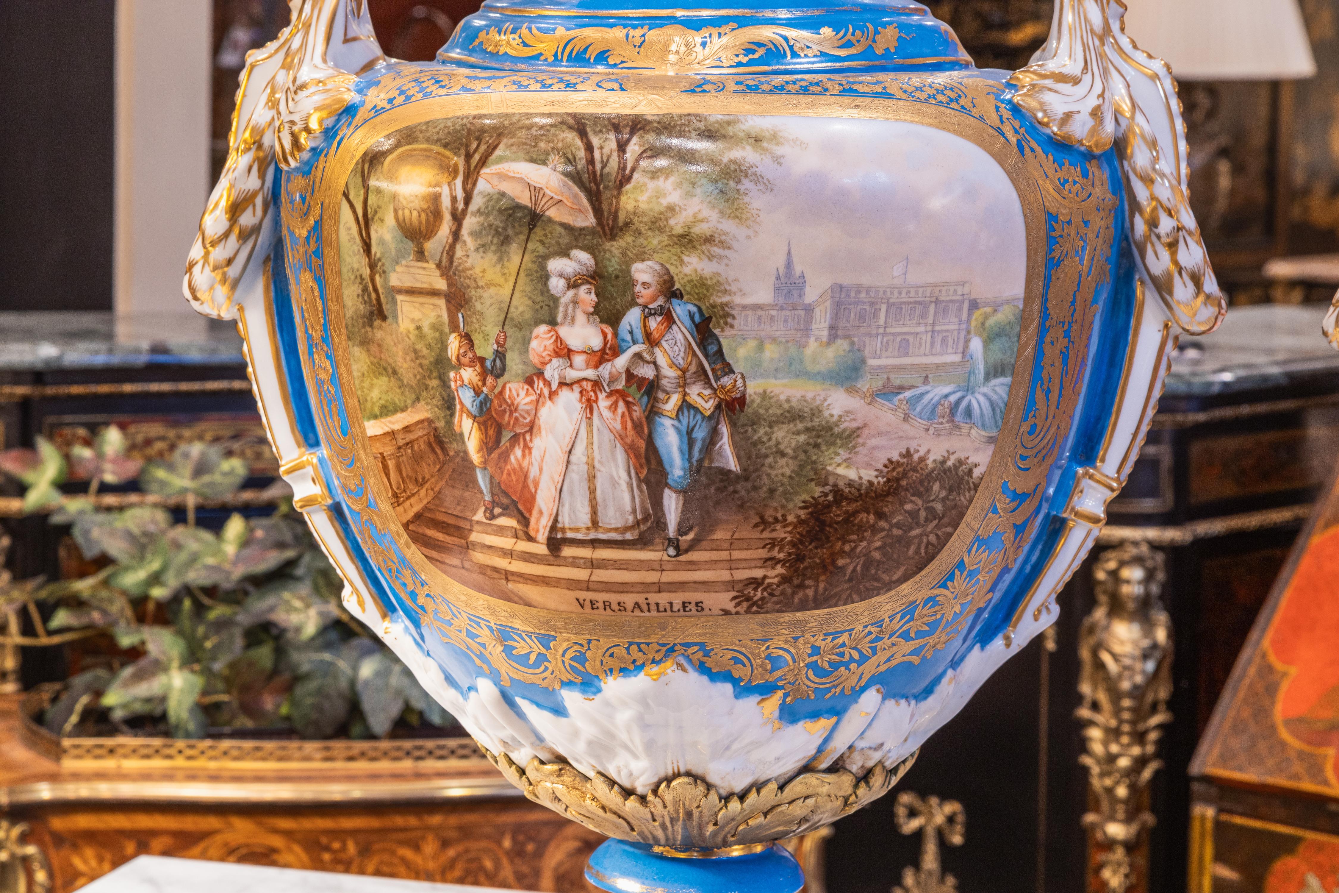 Belle Époque A fine pair of early 20th c  Sevre's style celeste blue palatial porcelain vases