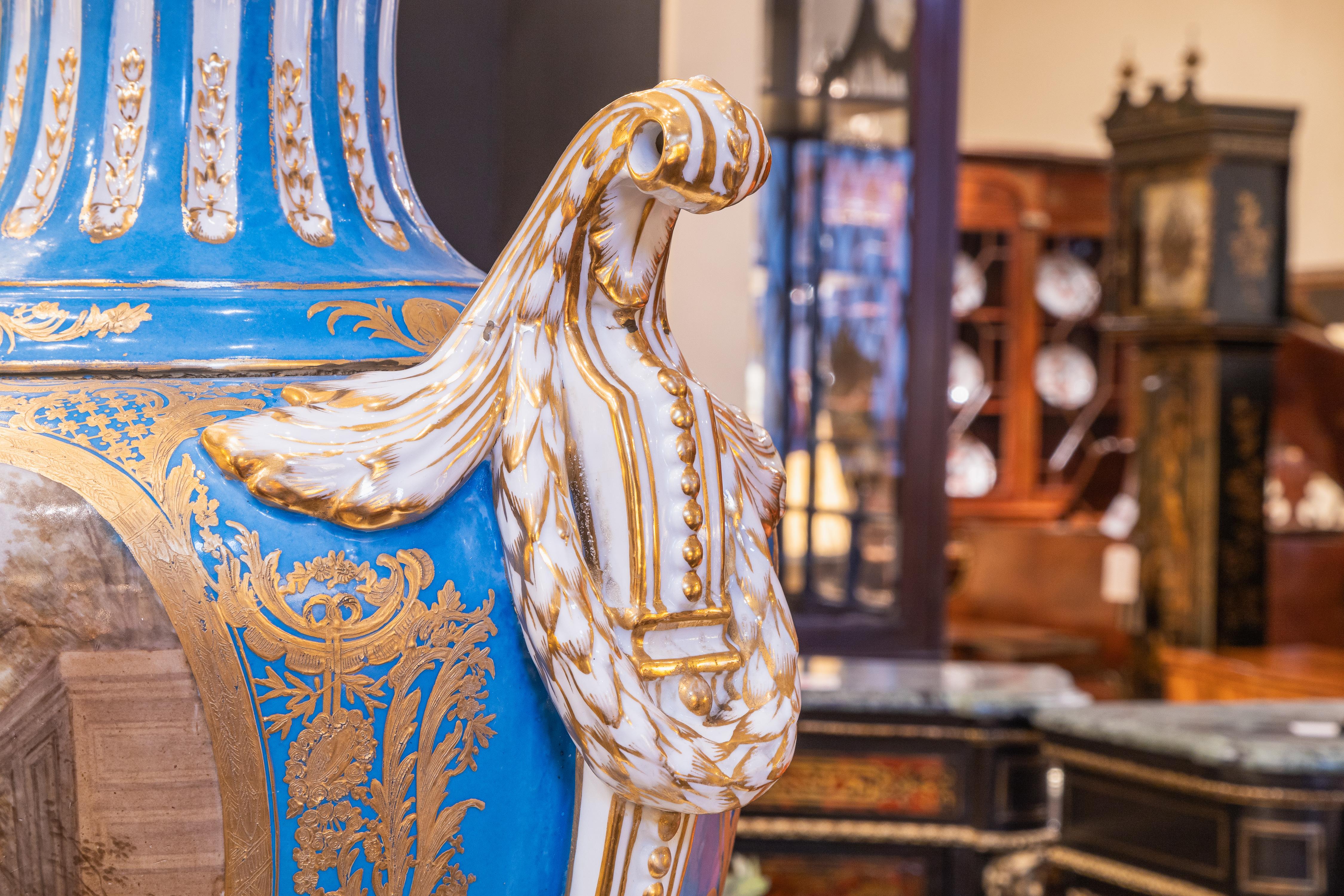Hand-Painted A fine pair of early 20th c  Sevre's style celeste blue palatial porcelain vases