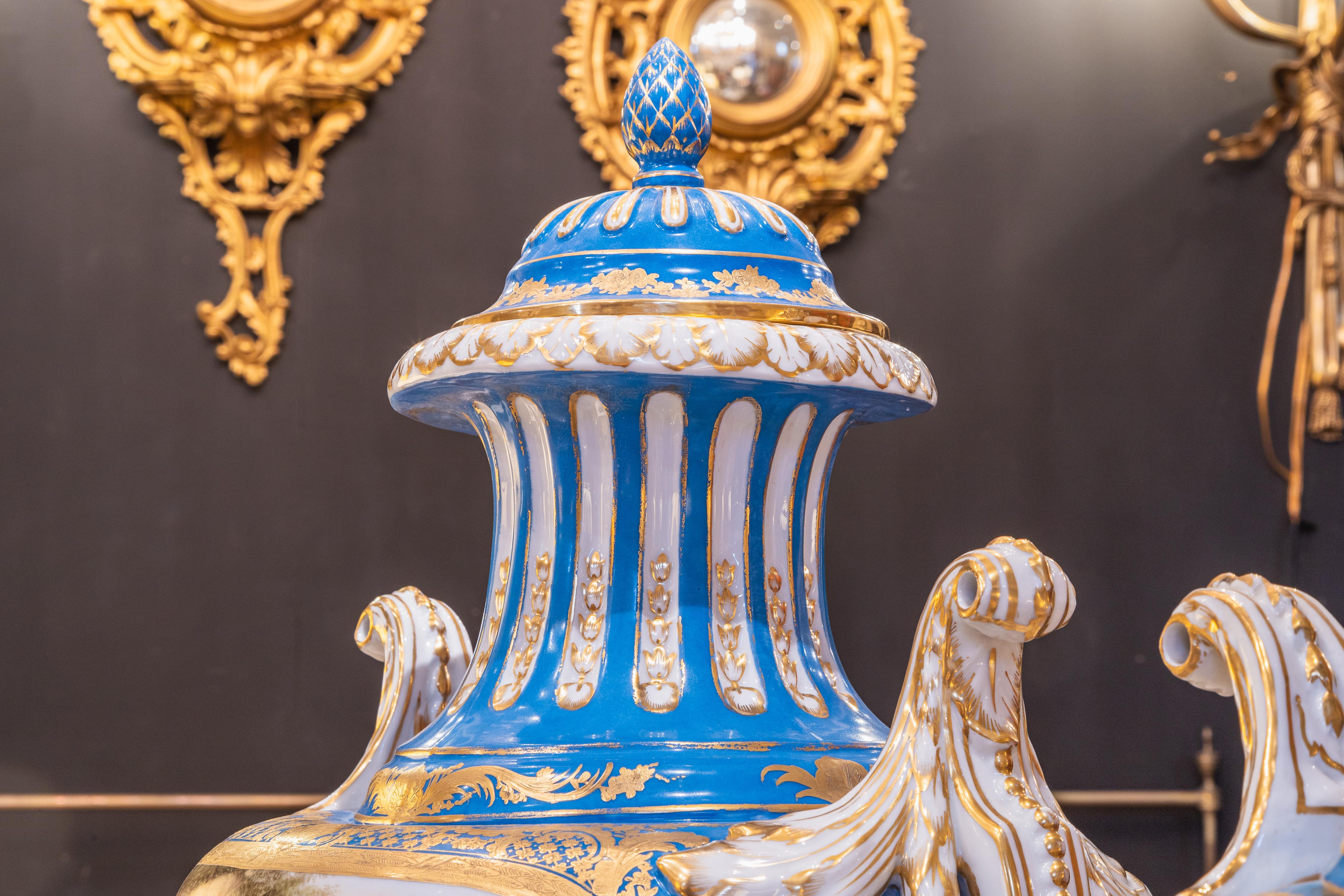 A fine pair of early 20th c  Sevre's style celeste blue palatial porcelain vases In Good Condition In Dallas, TX