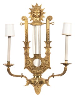 Fine Pair of Early 20th Century Empire Gilt Bronze Sconces, Lyre Design