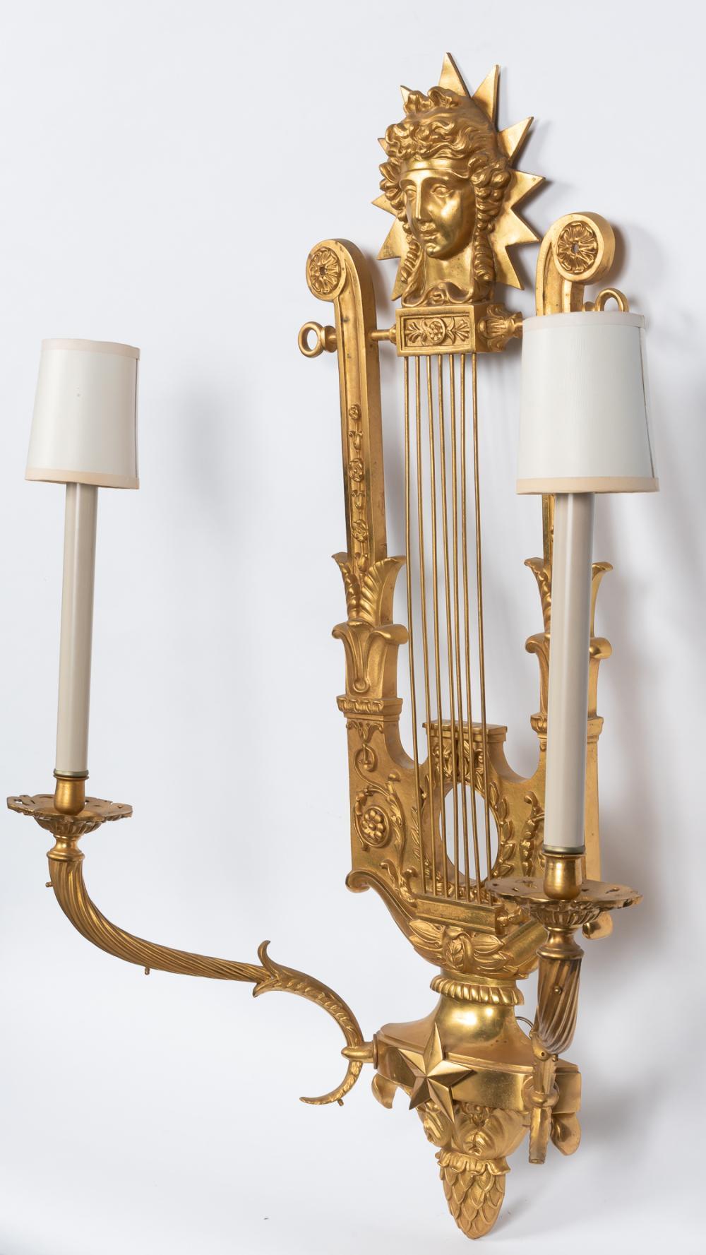 French Fine Pair of Early 20th Century Empire Gilt Bronze Sconces, Lyre Design For Sale