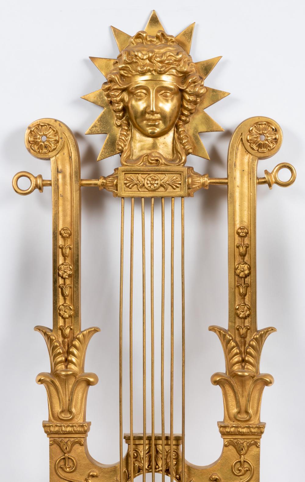 Fine Pair of Early 20th Century Empire Gilt Bronze Sconces, Lyre Design In Good Condition For Sale In Dallas, TX