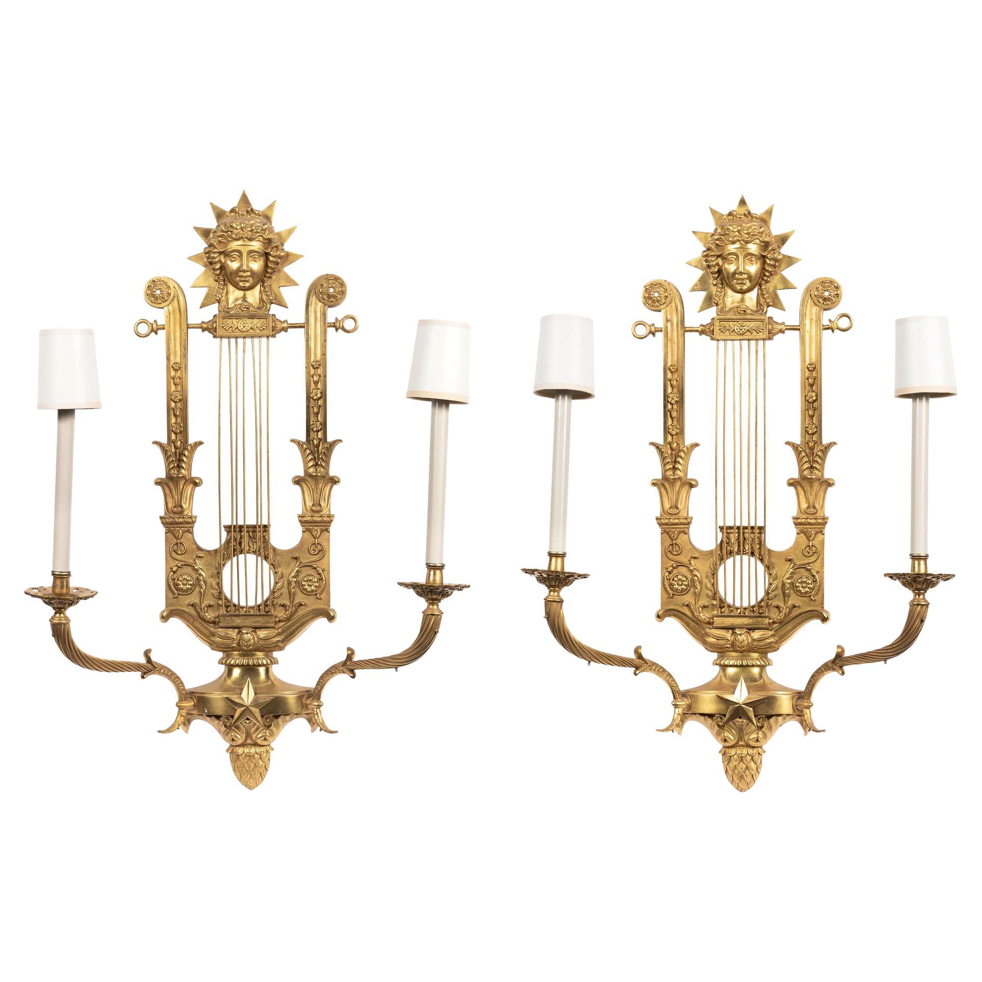Fine Pair of Early 20th Century Empire Gilt Bronze Sconces, Lyre Design For Sale