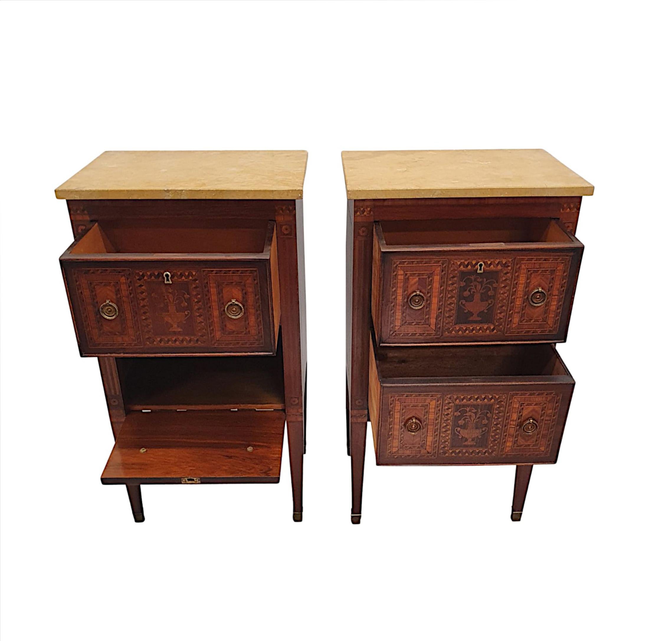 Brass A Fine Pair of Early 20th Century Highly Inlaid Marble Top Bedside Chests For Sale
