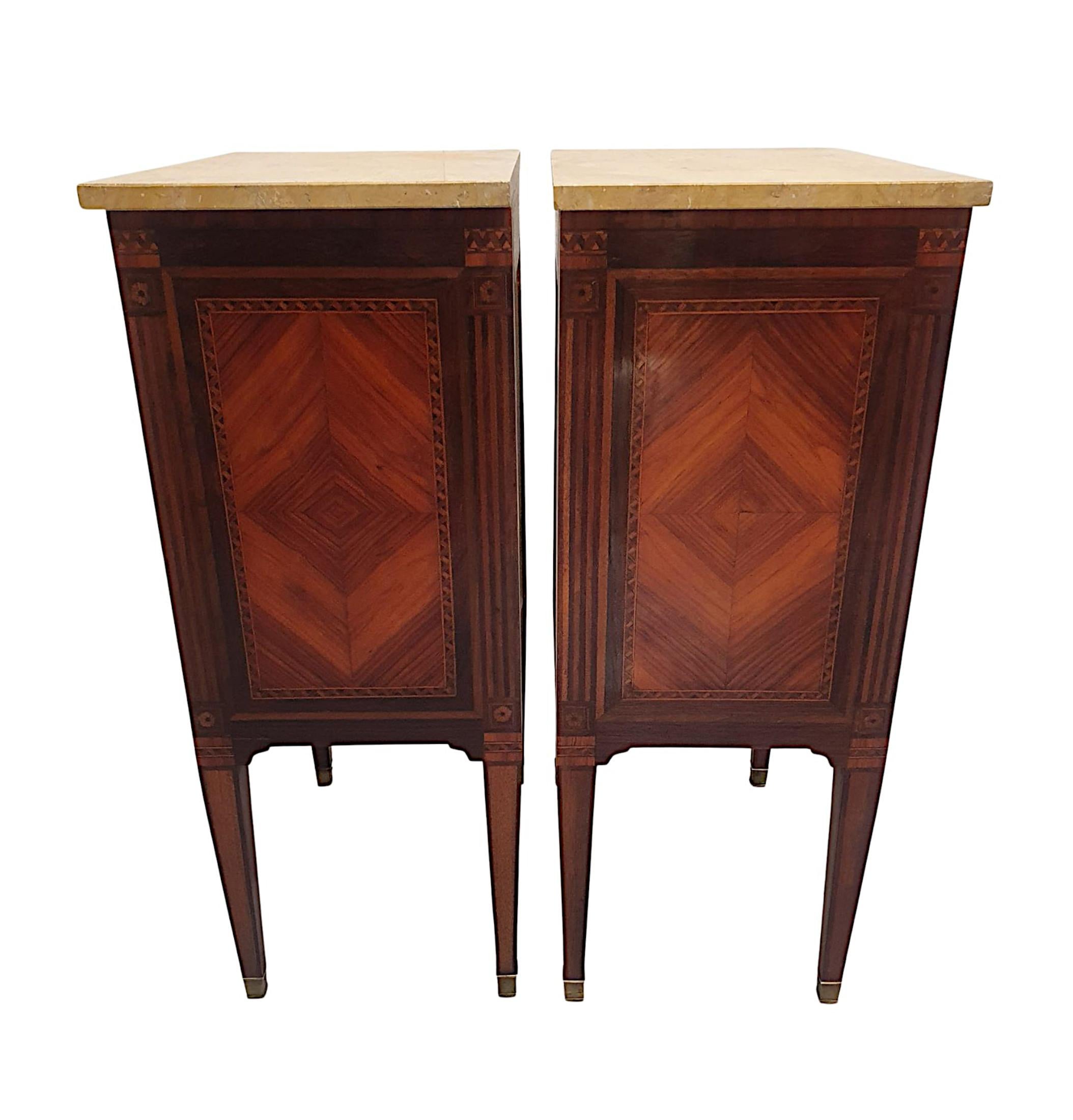 A Fine Pair of Early 20th Century Highly Inlaid Marble Top Bedside Chests For Sale 1