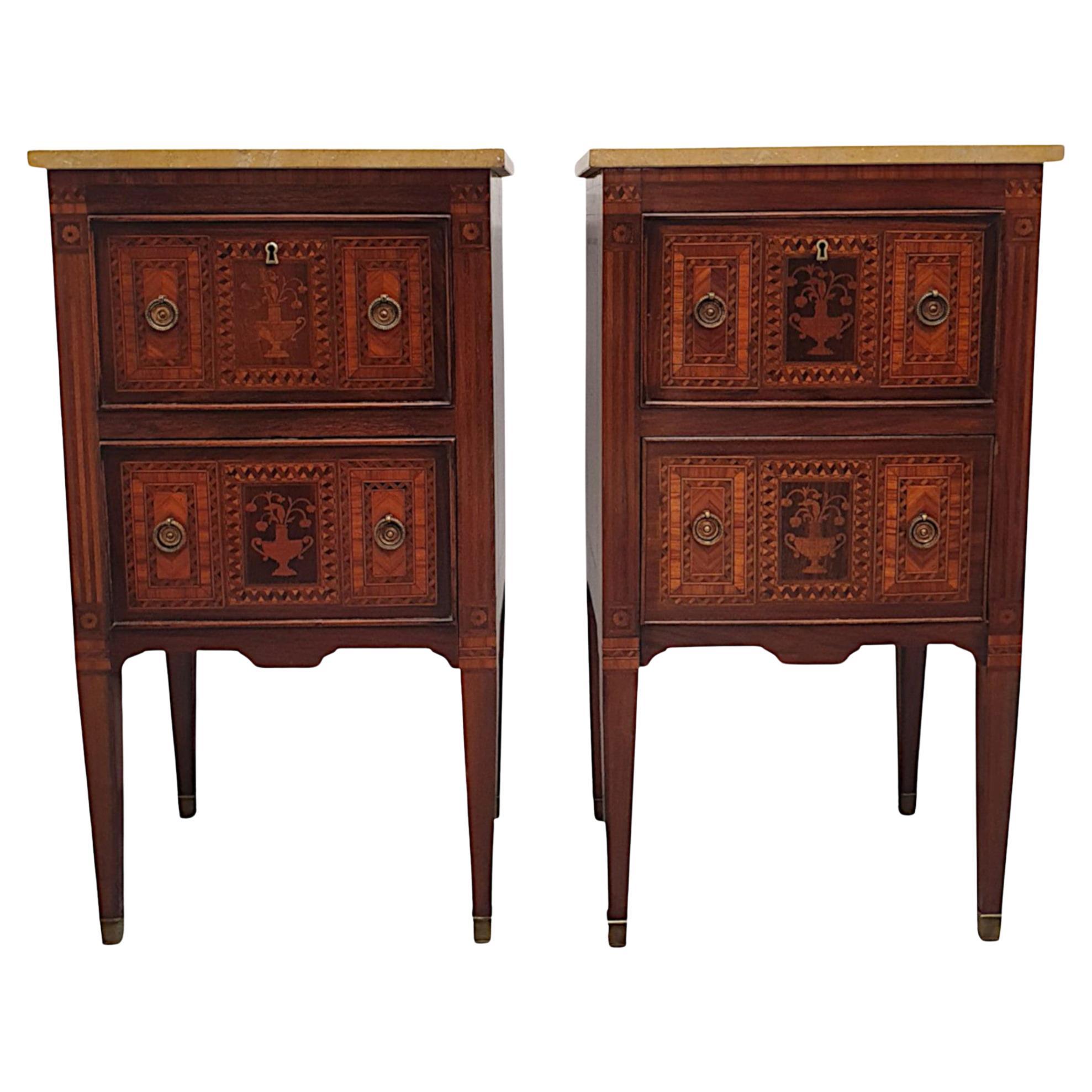 A Fine Pair of Early 20th Century Highly Inlaid Marble Top Bedside Chests For Sale
