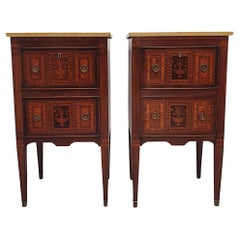 Antique A Fine Pair of Early 20th Century Highly Inlaid Marble Top Bedside Chests