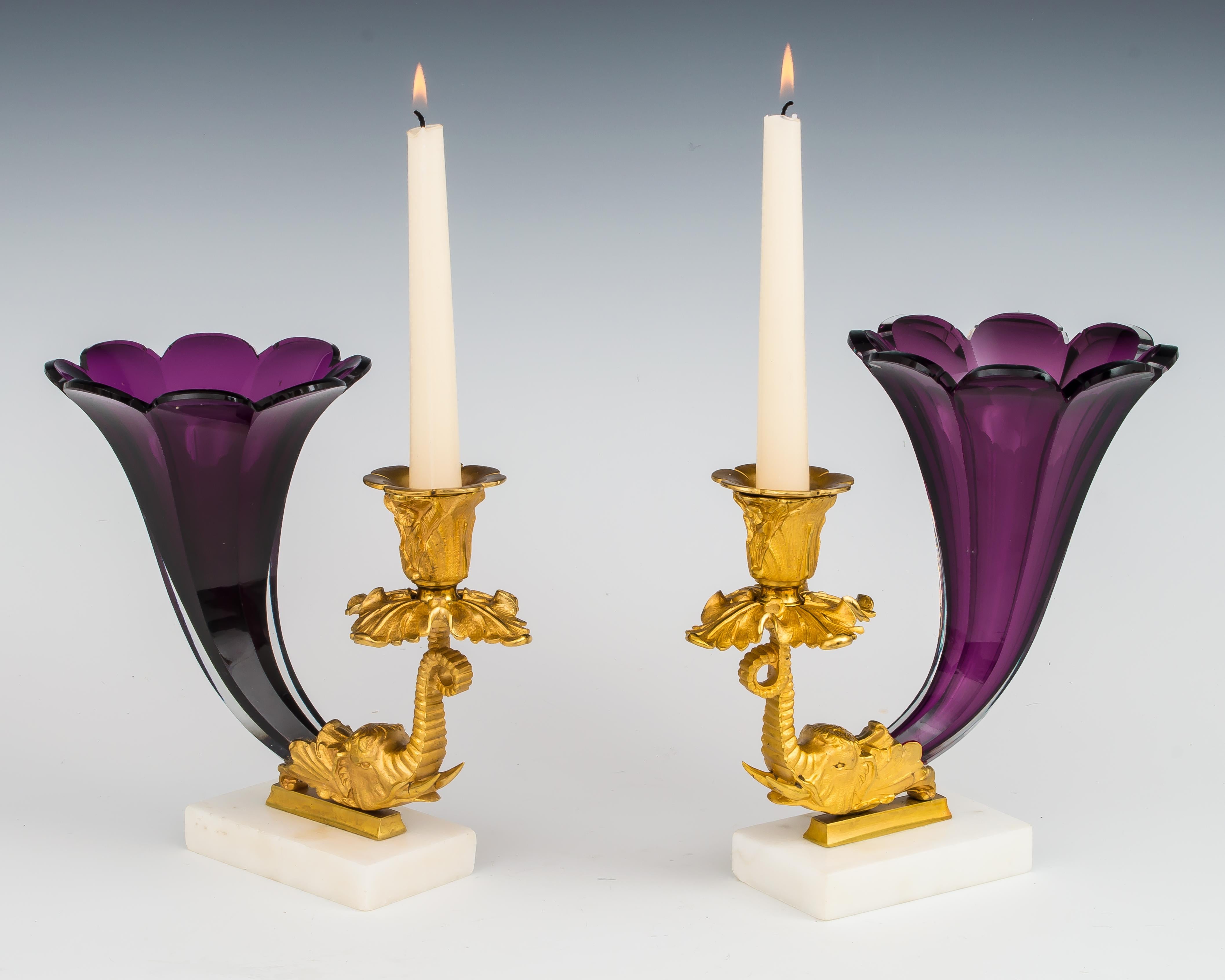 Mid-19th Century Fine Pair of Early Victorian Amethyst Cornucopia Candlesticks For Sale