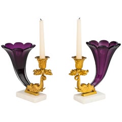 Antique Fine Pair of Early Victorian Amethyst Cornucopia Candlesticks