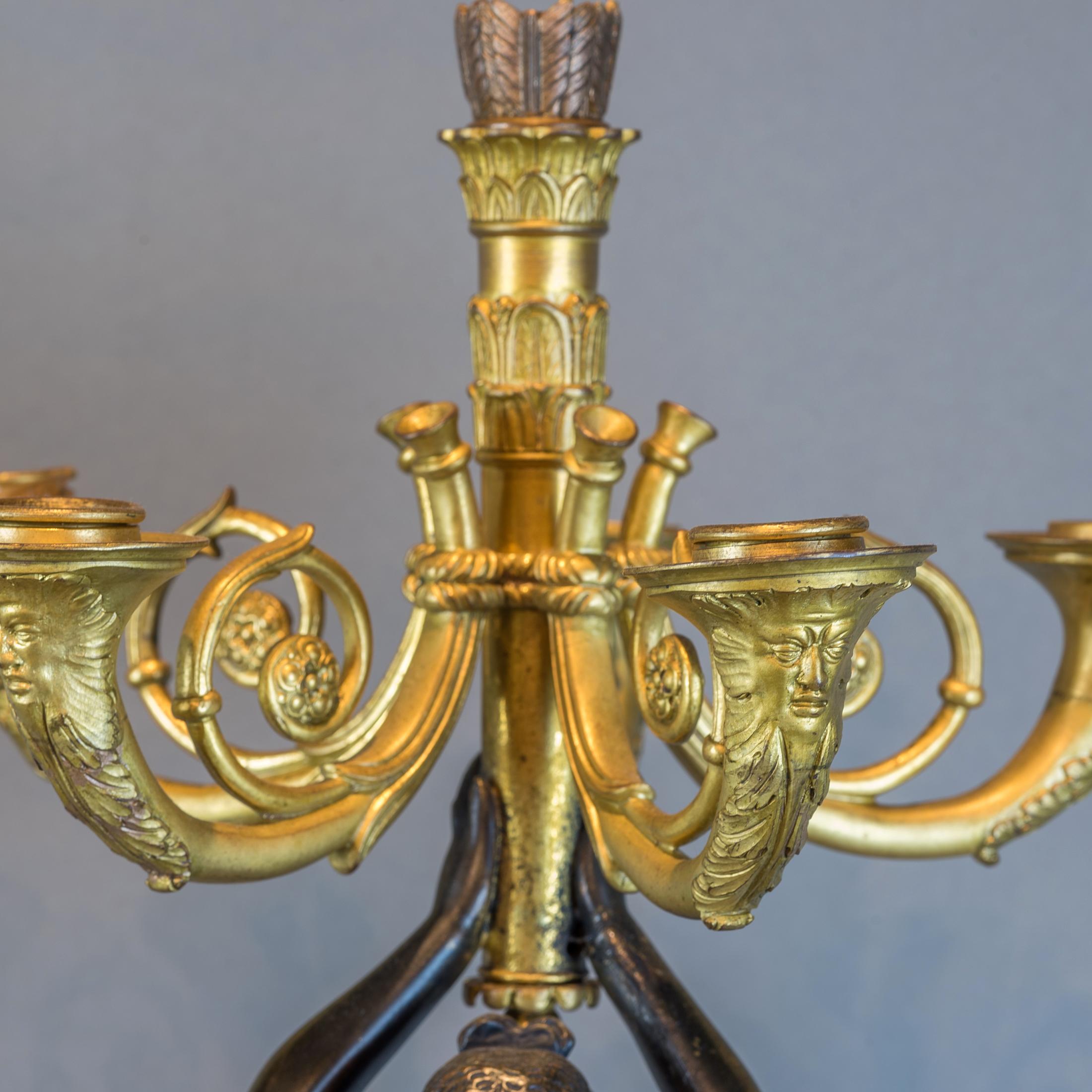 19th Century  Pair of Empire Gilt and Patinated Bronze Six-Light Figural Candelabras For Sale