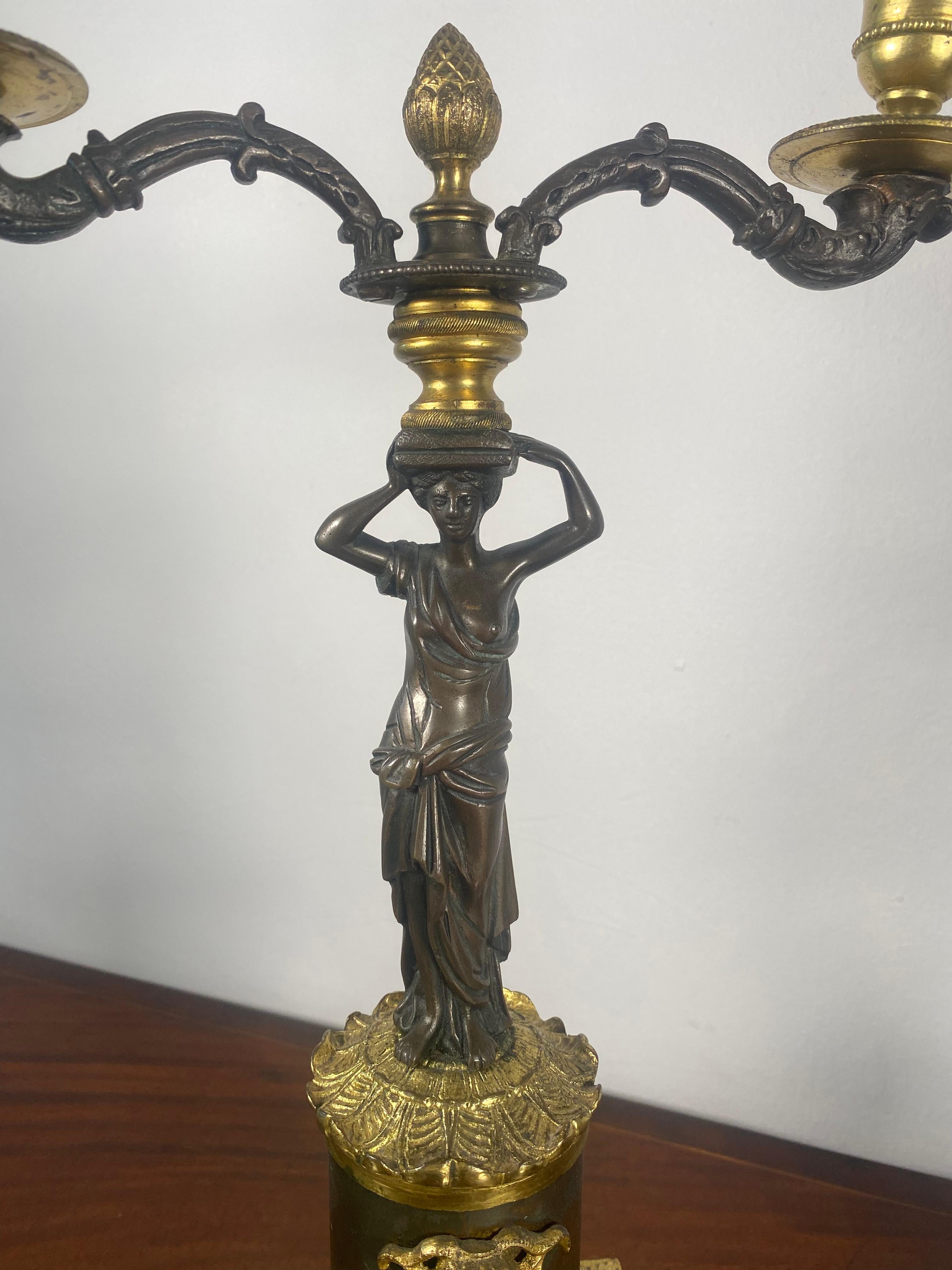Fine Pair of Empire Ormolu & Patinated Bronze Candelabra In Good Condition In London, GB