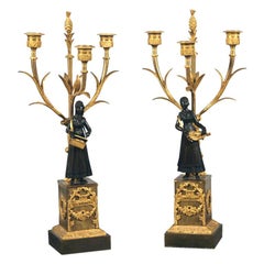 A Fine Pair of Empire Ormolu & Patinated Bronze Candelabra