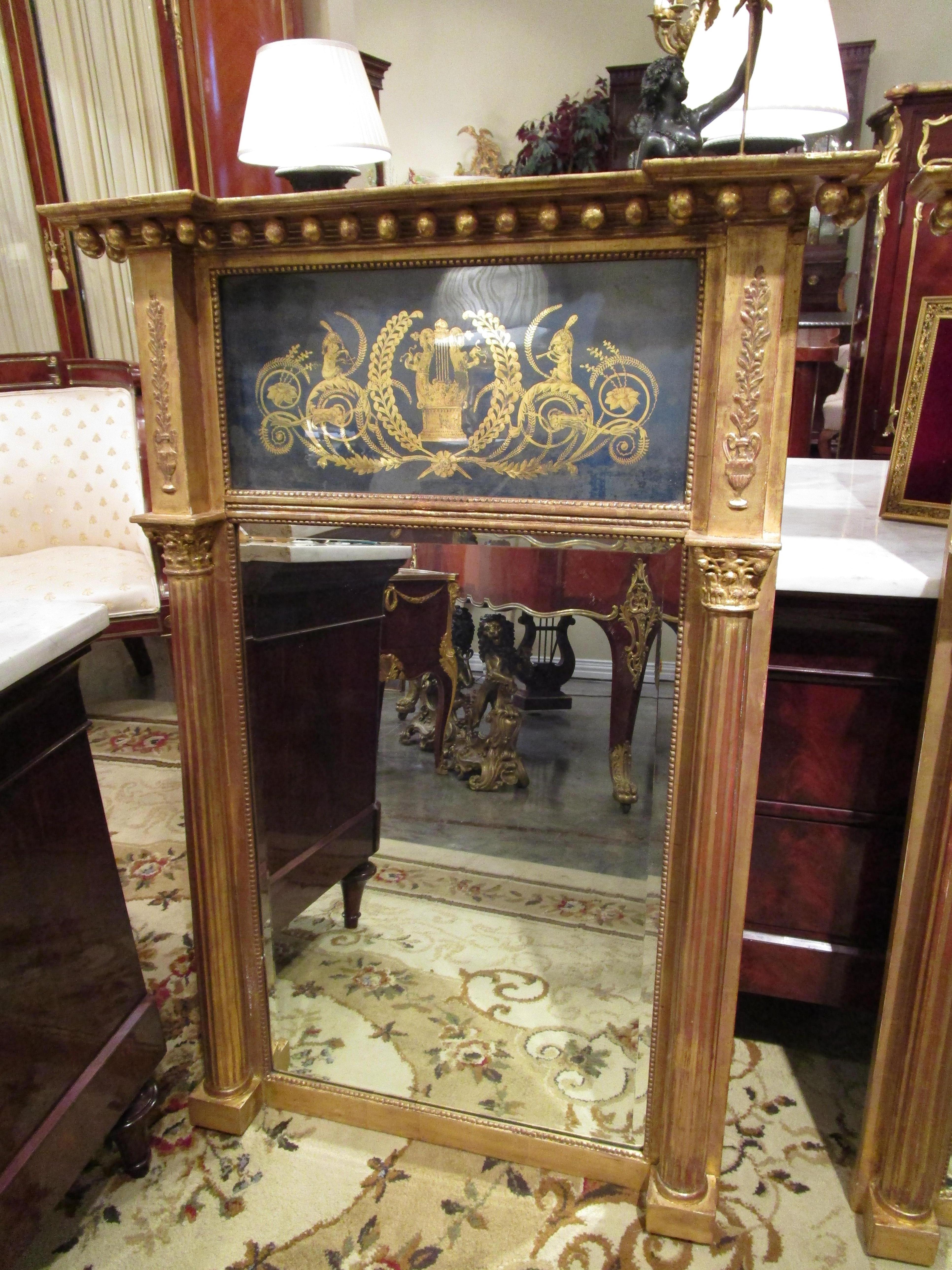 Fine Pair of English Regency Gilt Carved and Eglomise Pier Mirrors 1